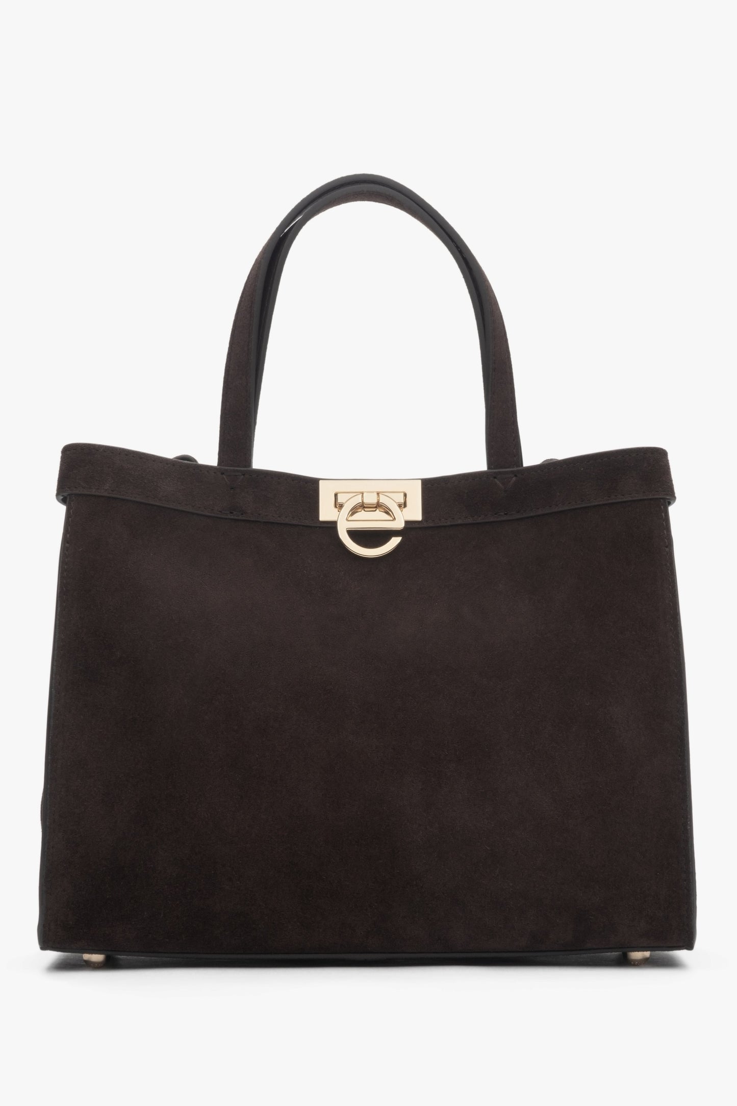 Frontansicht der dunkelbraunen Damen Tote-Bag aus Veloursleder mit goldenem Logo-Verschluss.