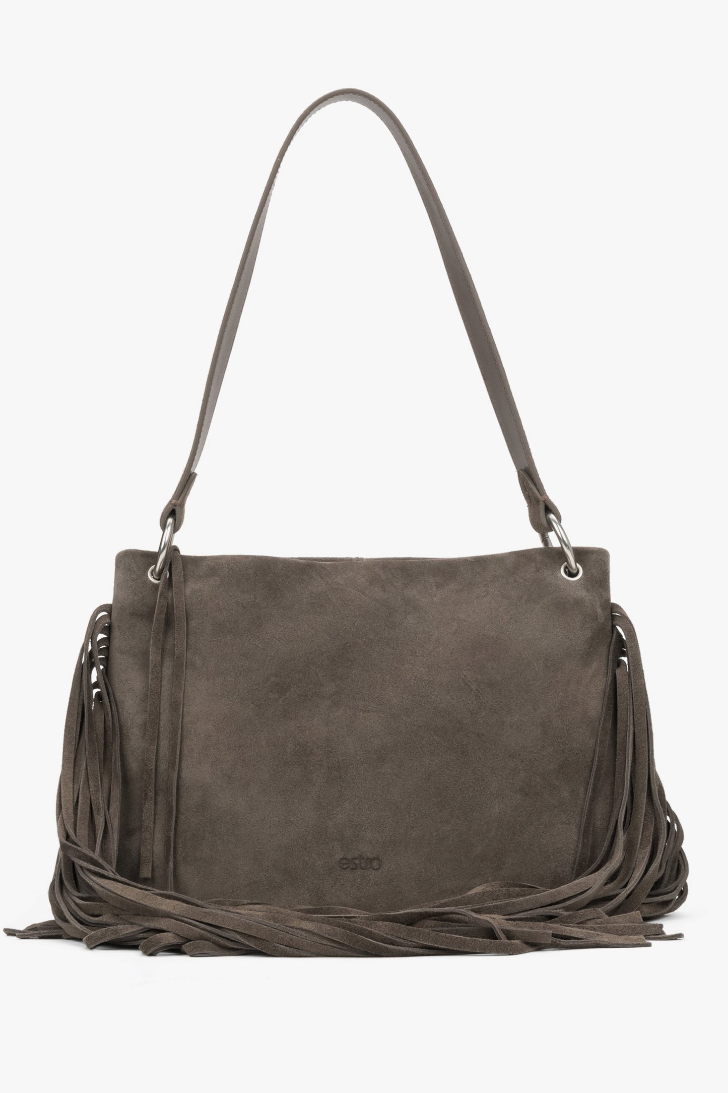 Dunkelgraue Damen-Schultertasche aus Veloursleder mit langen Fransen Vorderansicht