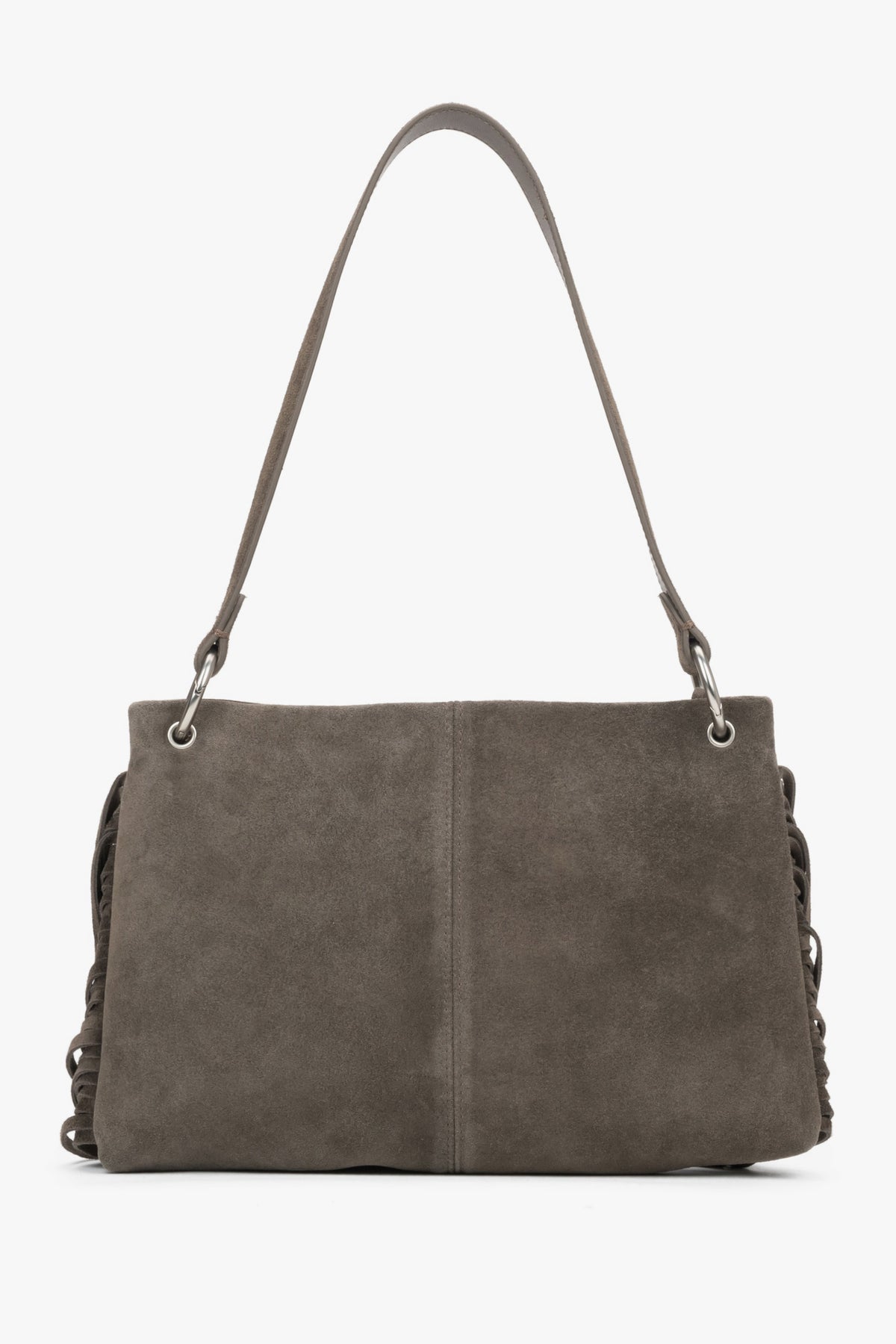 Rückansicht der dunkelgrauen Damen-Schultertasche mit Fransen