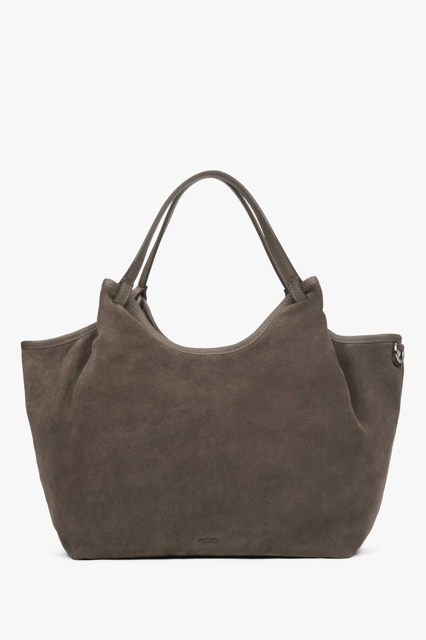 Frontale Ansicht der dunkelgrauen Shopper-Tasche aus Velours mit aufgestellten Griffen 