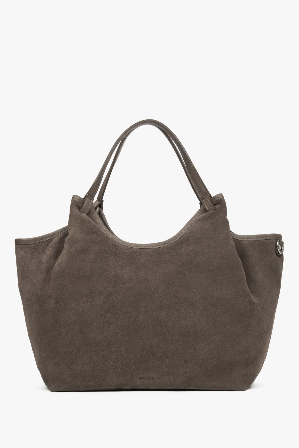 Frontale Ansicht der dunkelgrauen Shopper-Tasche aus Velours mit aufgestellten Griffen 