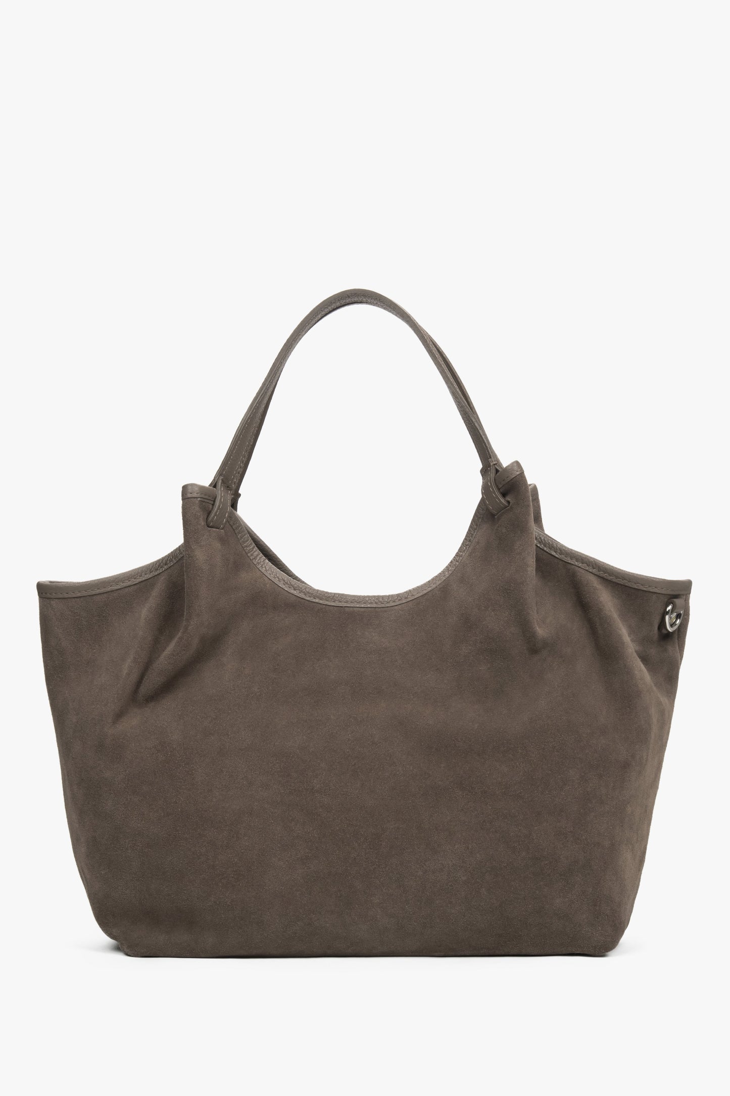 Flache Frontansicht der großformatigen Velours-Tasche in schlichtem, elegantem Design
