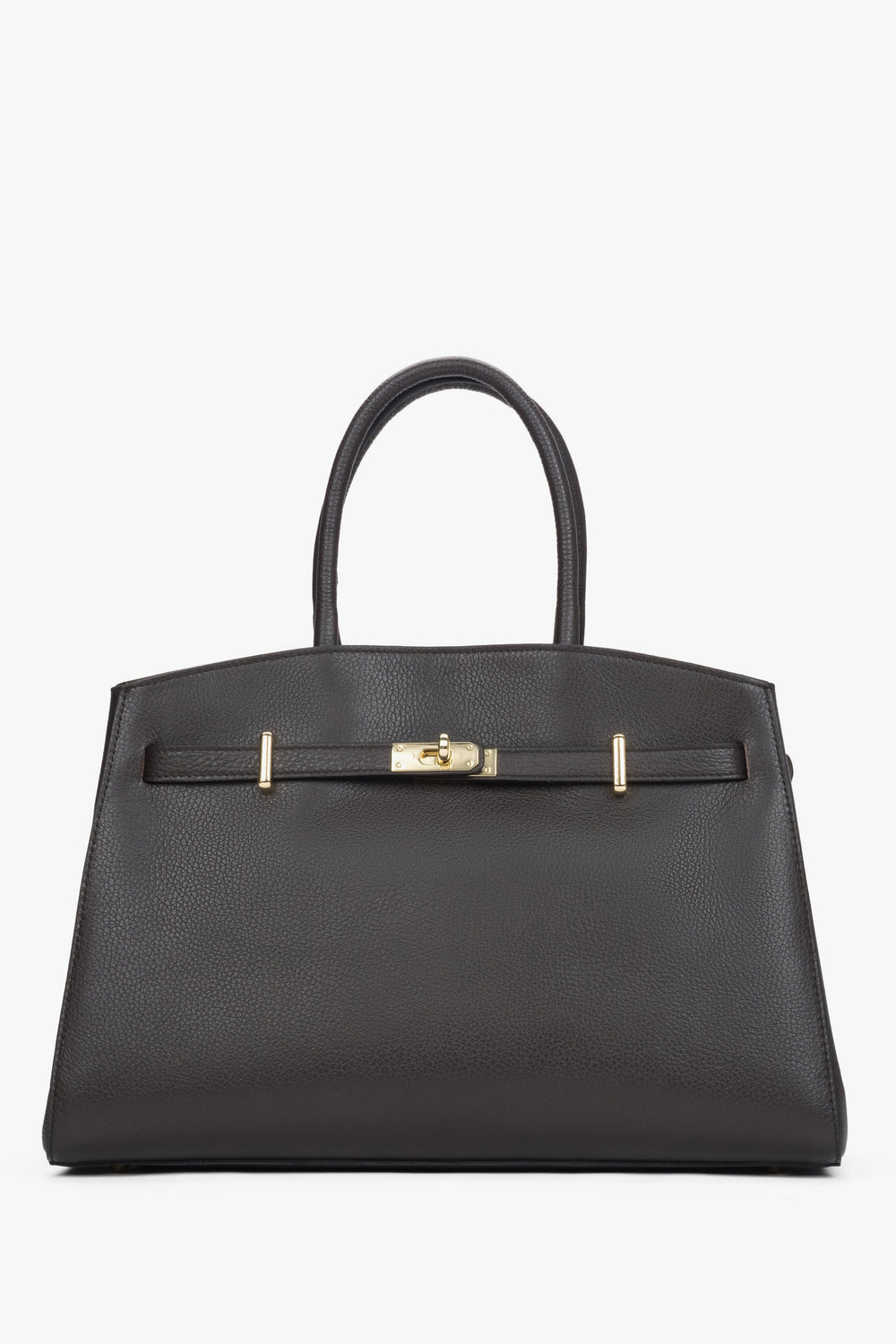 Frontansicht der eleganten dunkelbraunen Leder-Tote-Bag mit goldfarbenem Verschlussdetail