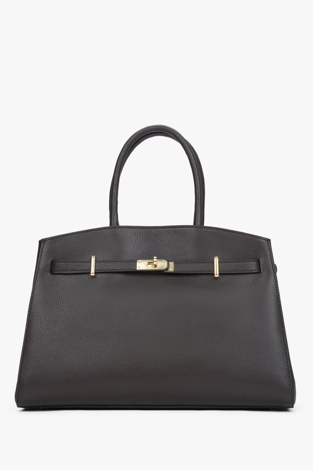 Frontansicht der eleganten dunkelbraunen Leder-Tote-Bag mit goldfarbenem Verschlussdetail