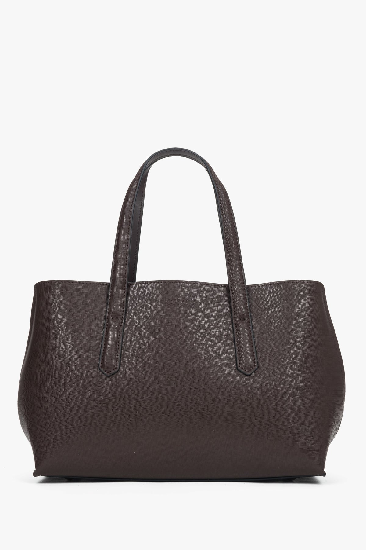 Frontalansicht der eleganten dunkelbraunen Damen-Tote-Bag aus glattem Echtleder.
