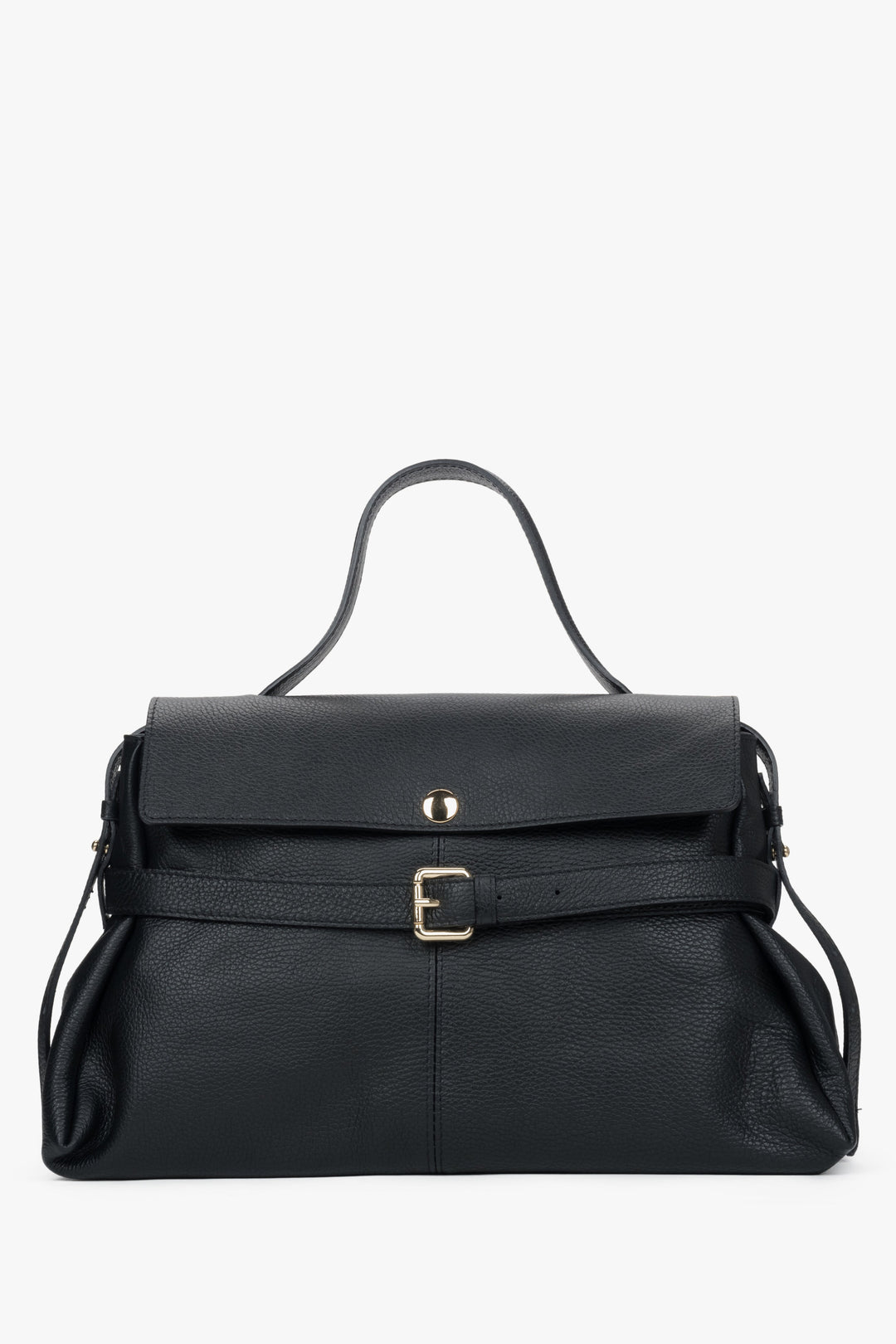 Frontansicht der eleganten schwarzen Leder-Tote-Bag mit verstellbarem Riemen