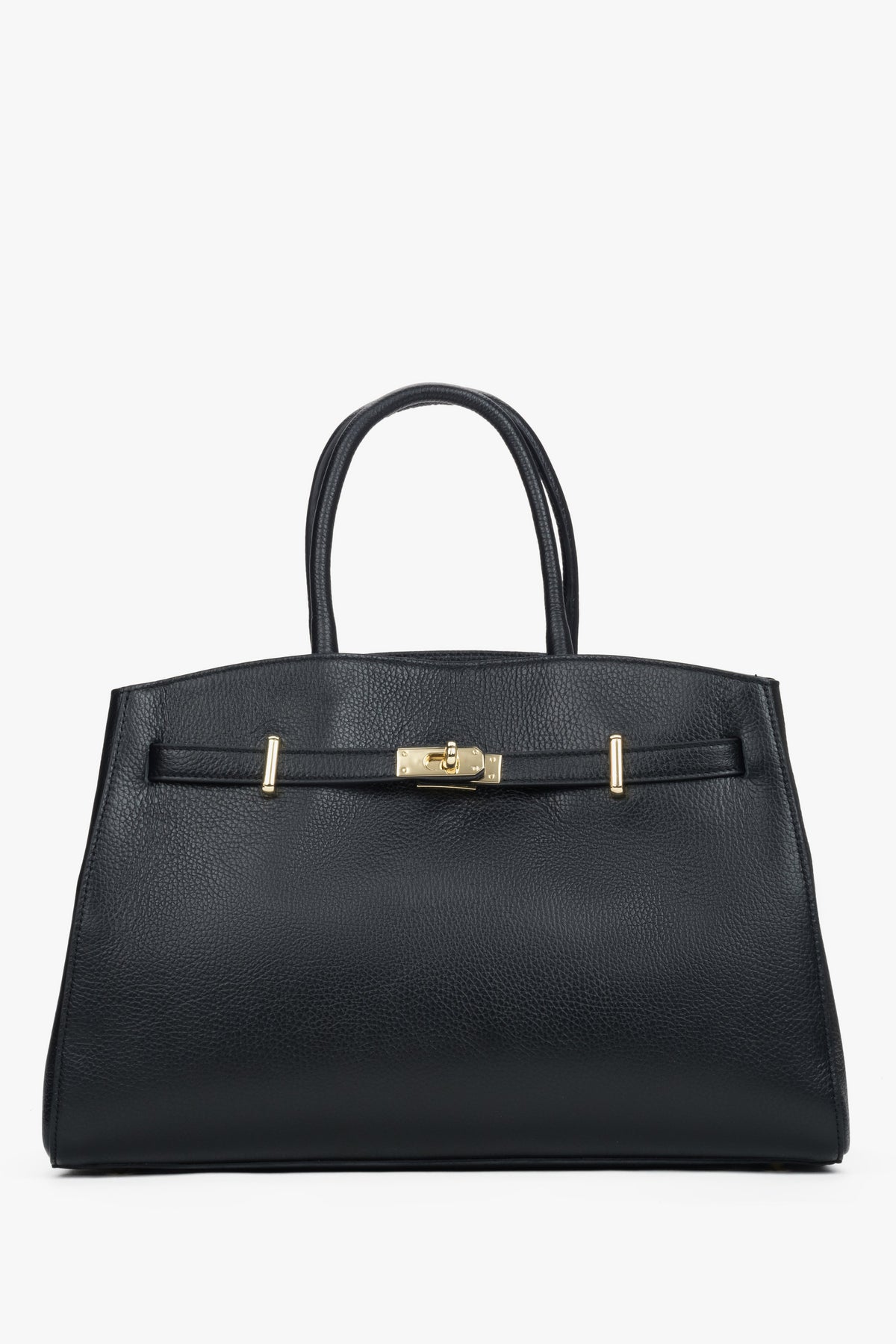 Frontansicht der eleganten schwarzen Leder-Tote-Bag mit goldfarbenem Verschlussdetail