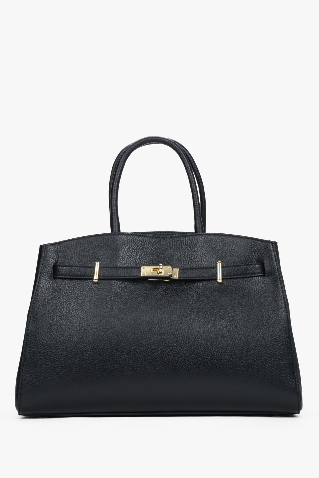 Frontansicht der eleganten schwarzen Leder-Tote-Bag mit goldfarbenem Verschlussdetail