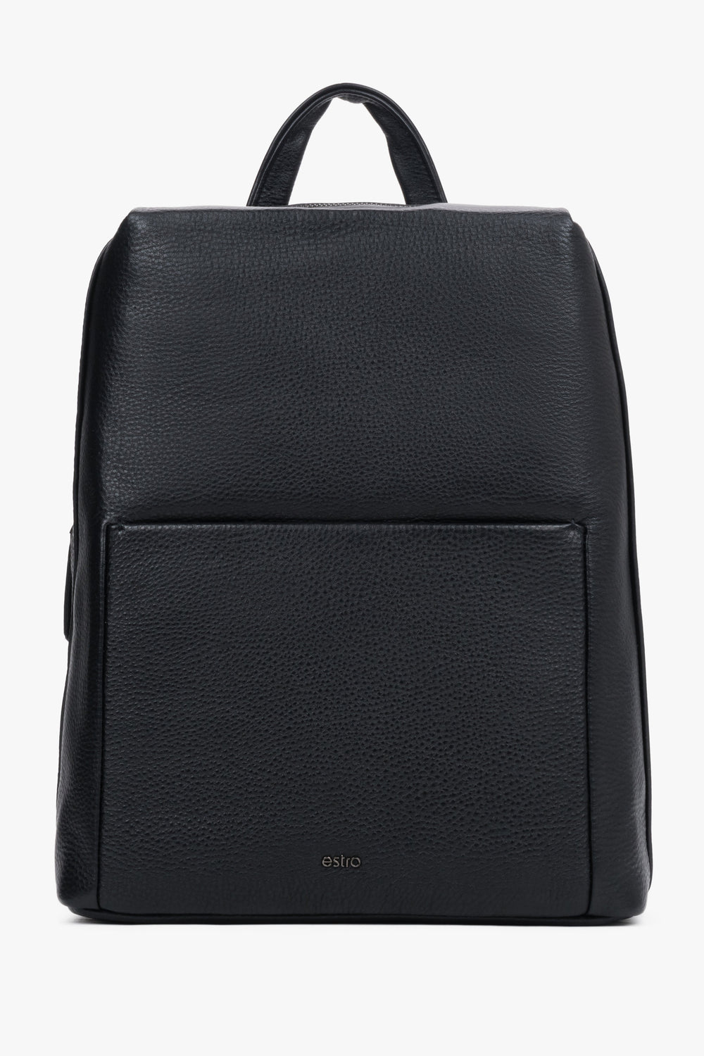Frontale Ansicht des eleganten schwarzen Herrenrucksacks aus genarbtem Echtleder mit minimalistischem Design 