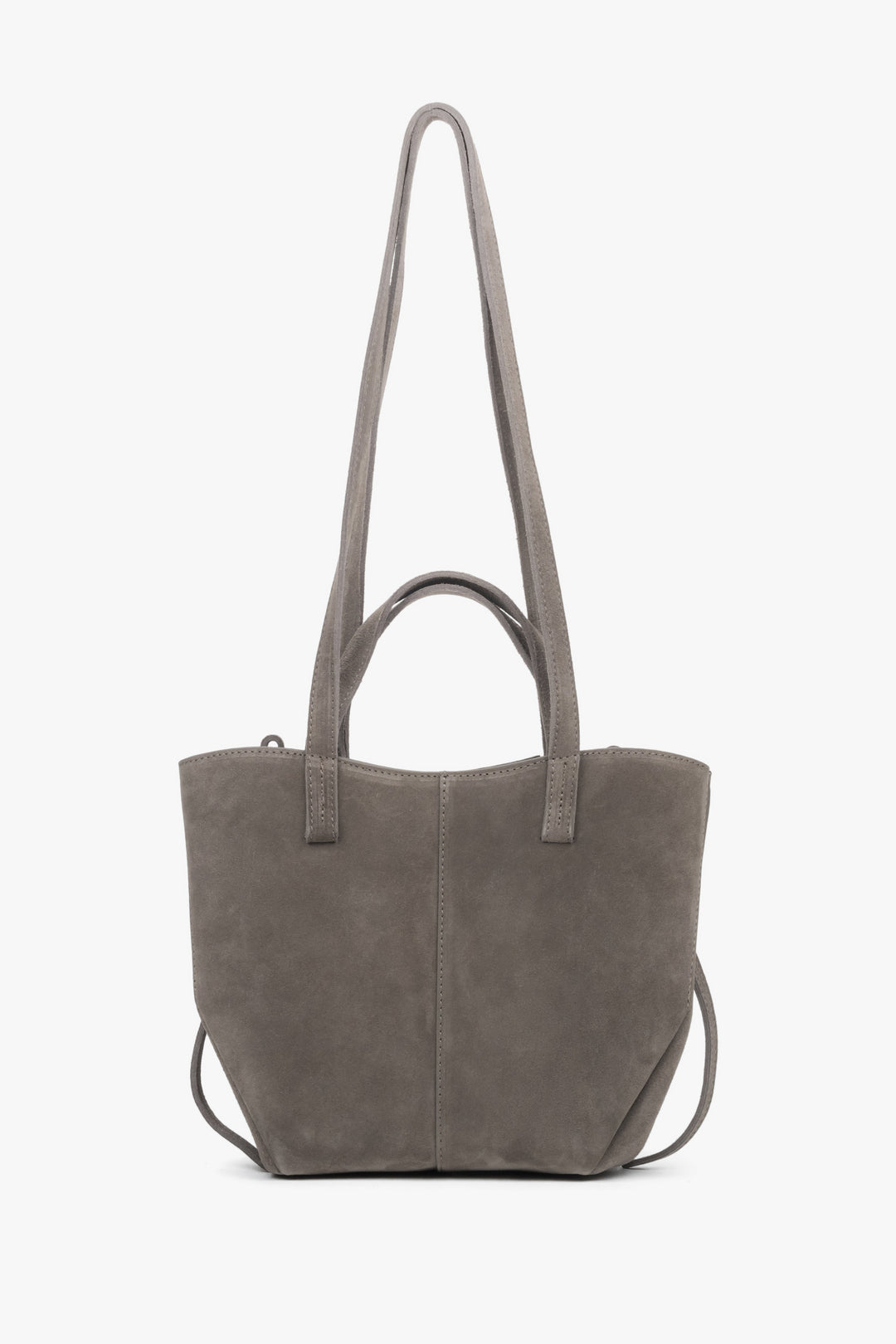 Frontansicht der graubraunen Damen-Henkeltasche aus Natur-Velours in entfalteter Form mit langen Henkeln