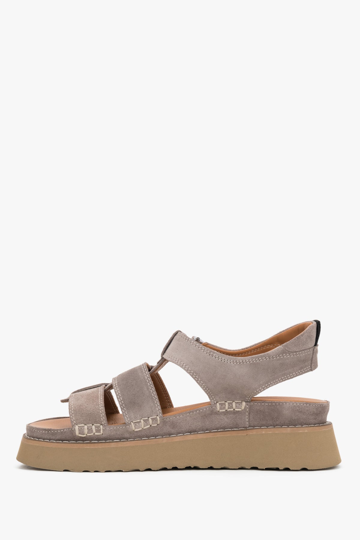 Linke Ansicht der grauen Damen-Sandalen mit dicker Plateau-Sohle