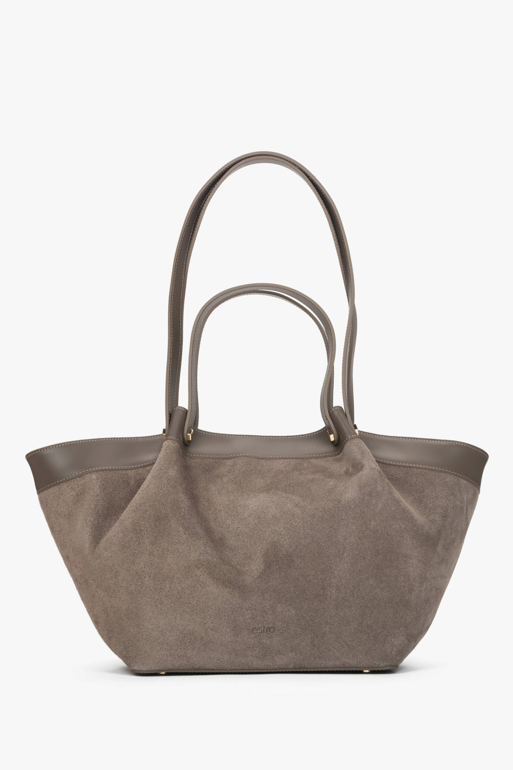 Frontansicht der geräumigen grauen Velours-Shopper-Tasche mit dem praktischen doppelten Henkel