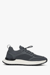 Flache Seitenansicht der grauen Herren-Sneaker aus Textil und atmungsaktivem Mesh.