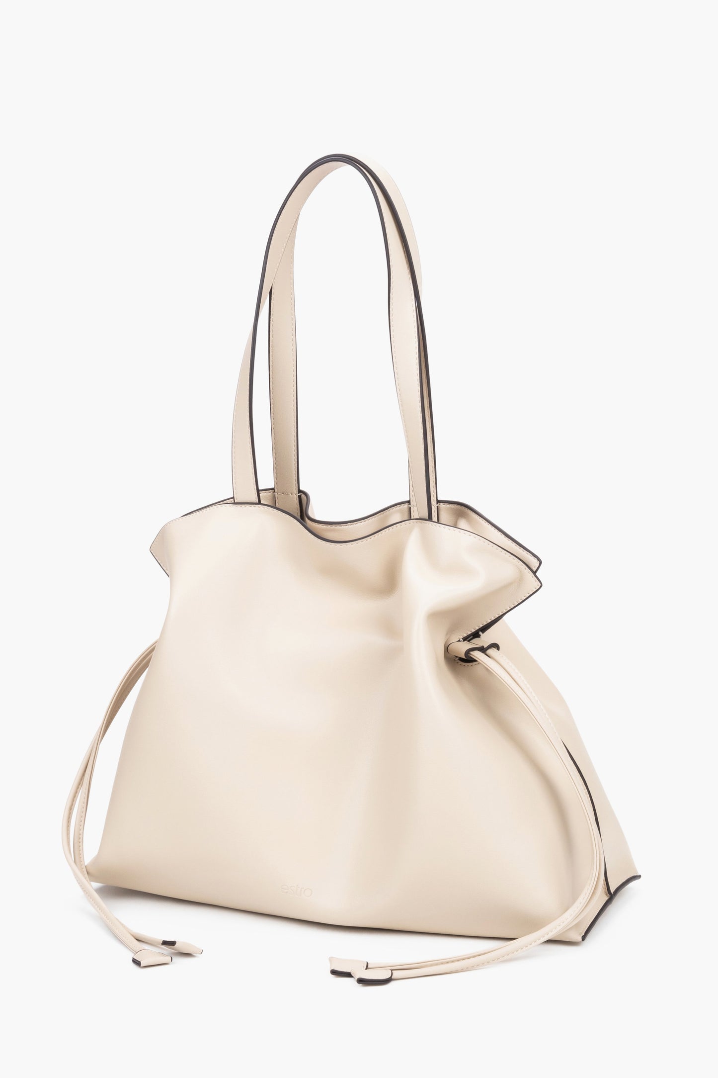 Milchbeige Shopper-Tasche mit zusammengezogenen Bändern schräge Ansicht