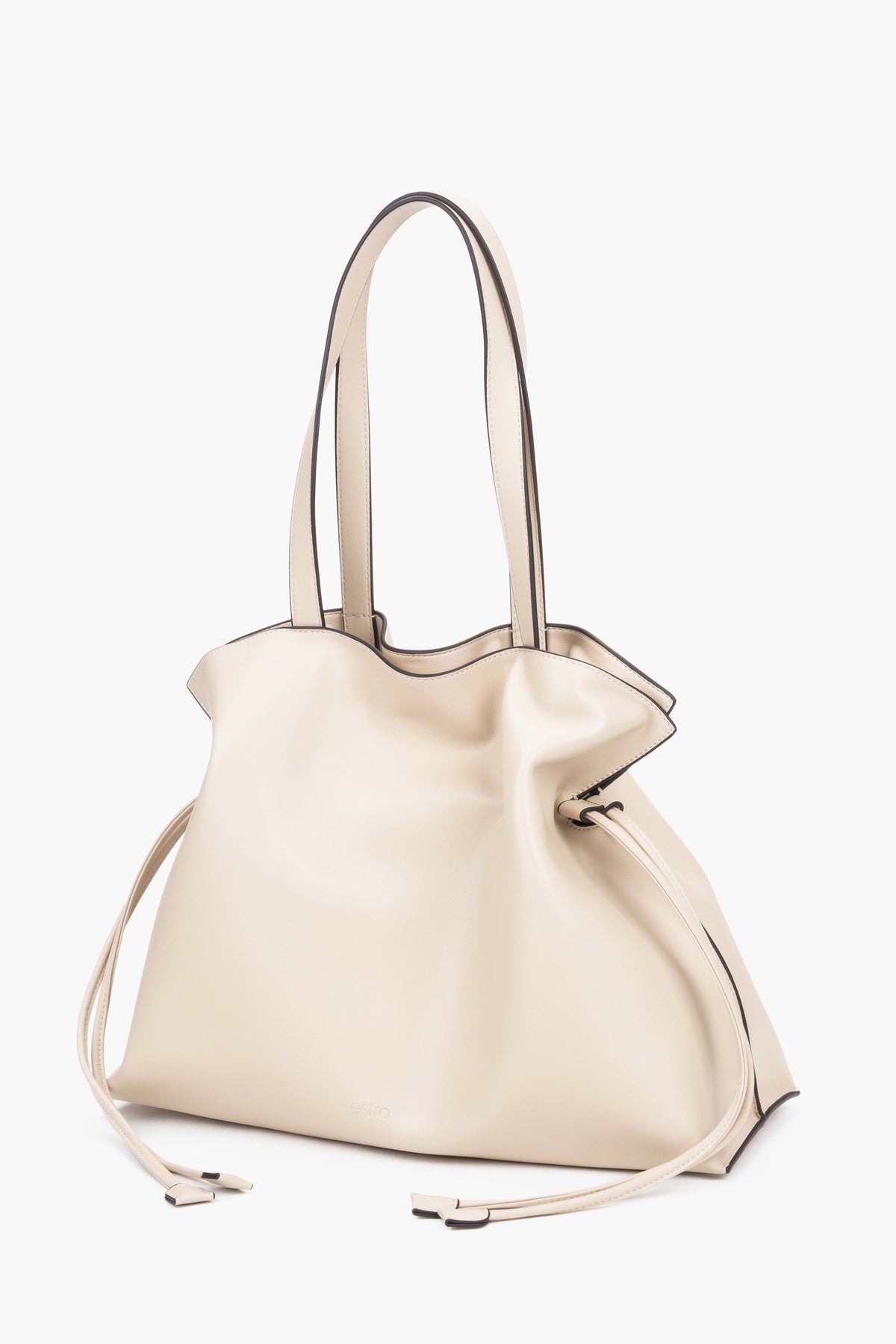 Milchbeige Shopper-Tasche mit zusammengezogenen Bändern schräge Ansicht