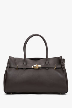 Frontale Ansicht der großen dunkelbraunen Damen-Handtasche aus italienischem Premium-Echtleder