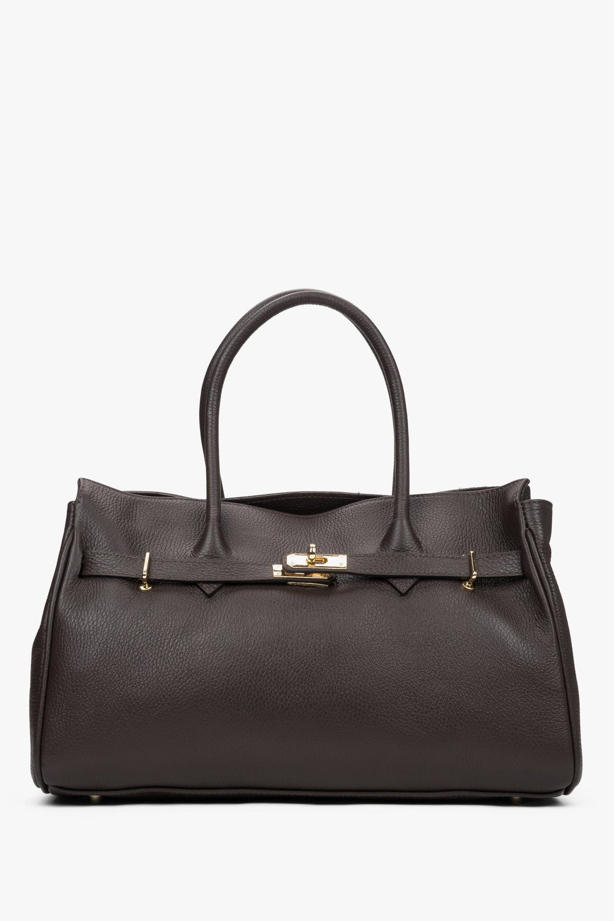 Frontale Ansicht der großen dunkelbraunen Damen-Handtasche aus italienischem Premium-Echtleder