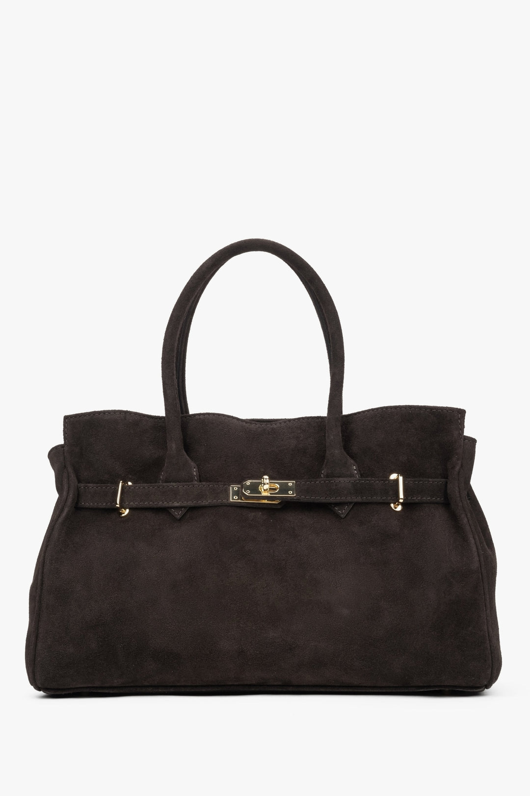 Frontale Ansicht der großen dunkelbraunen Damen-Handtasche aus italienischem Natur-Velours
