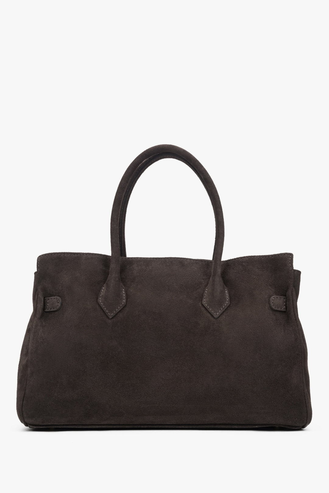 Rückwärtige, cleane Ansicht der großen Henkeltasche aus dunkelbraunem Premium-Velours