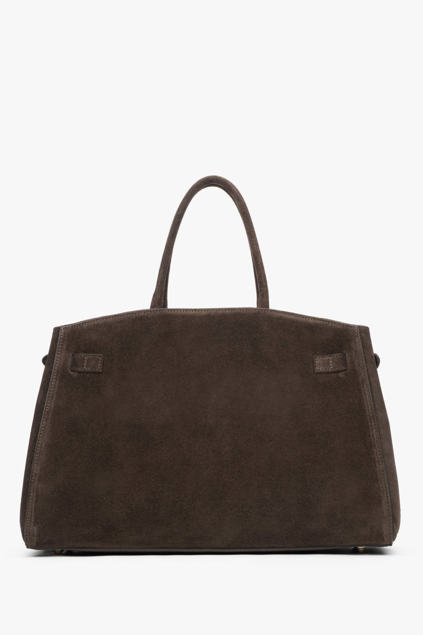 Rückwärtige Ansicht der dunkelbraunen Velours-Tote-Bag zur Veranschaulichung der klaren Linien