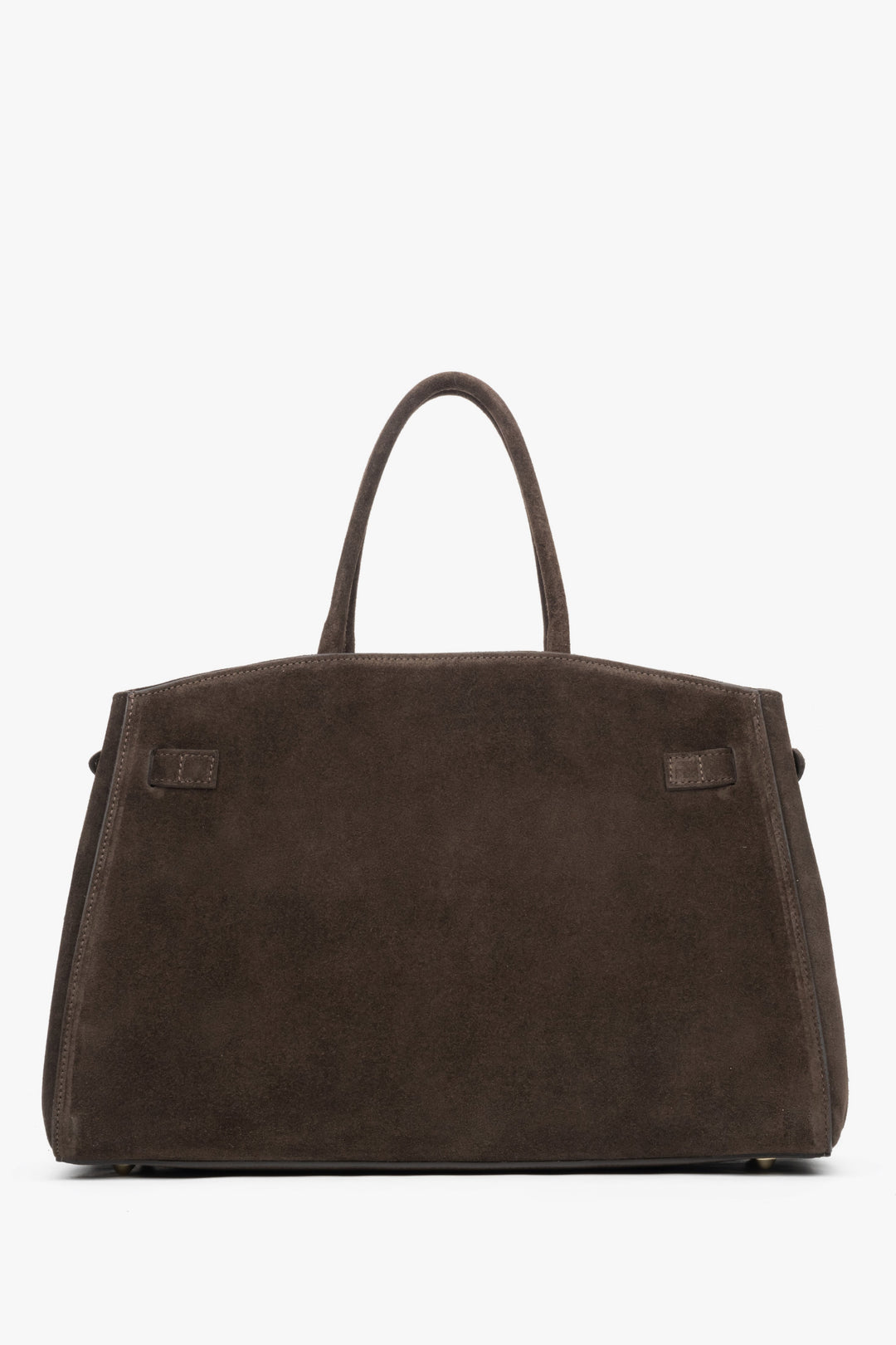 Rückwärtige Ansicht der dunkelbraunen Velours-Tote-Bag zur Veranschaulichung der klaren Linien
