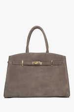 Frontale Ansicht der großen graubeigen Damen-Henkeltasche aus italienischem Premium-Velours