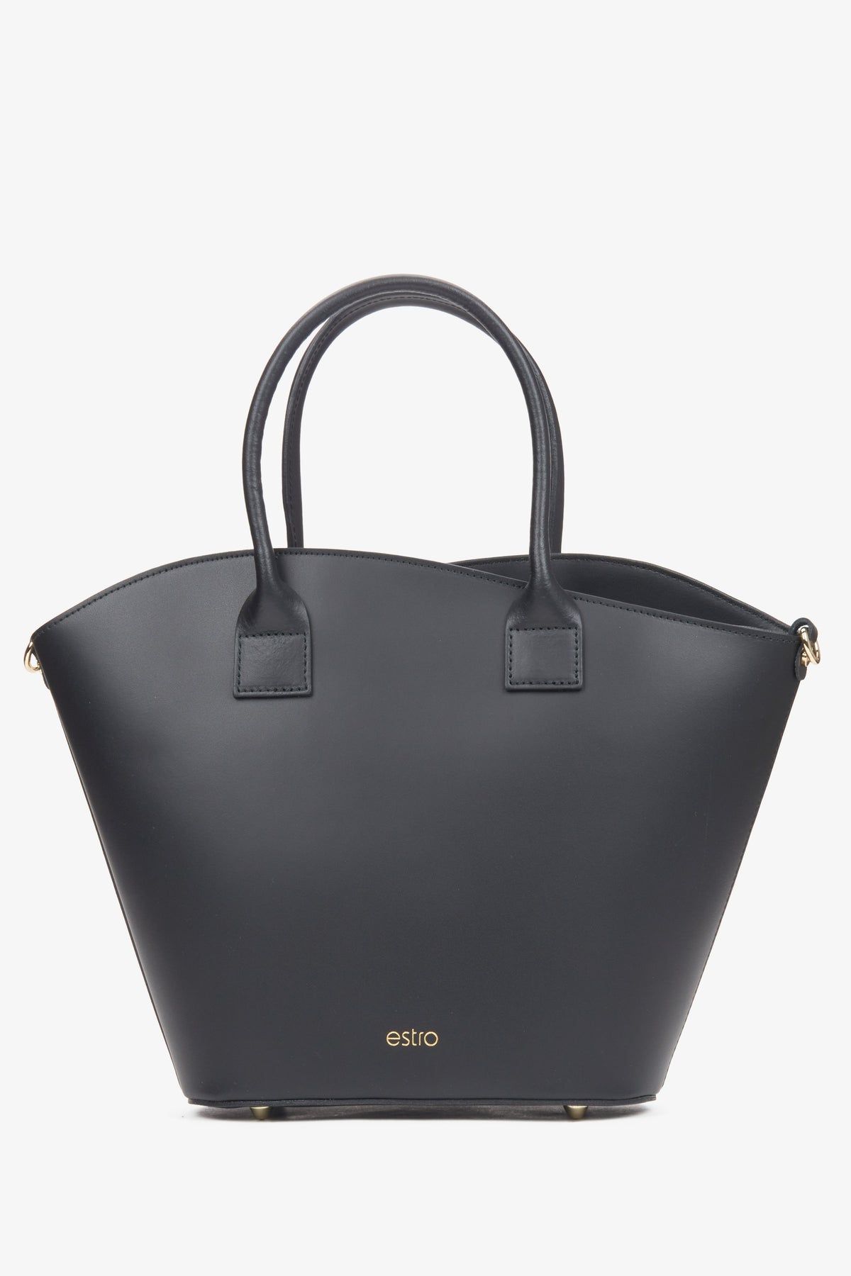 Elegante schwarze Leder-Handtasche mit goldenen Details schräge Ansicht