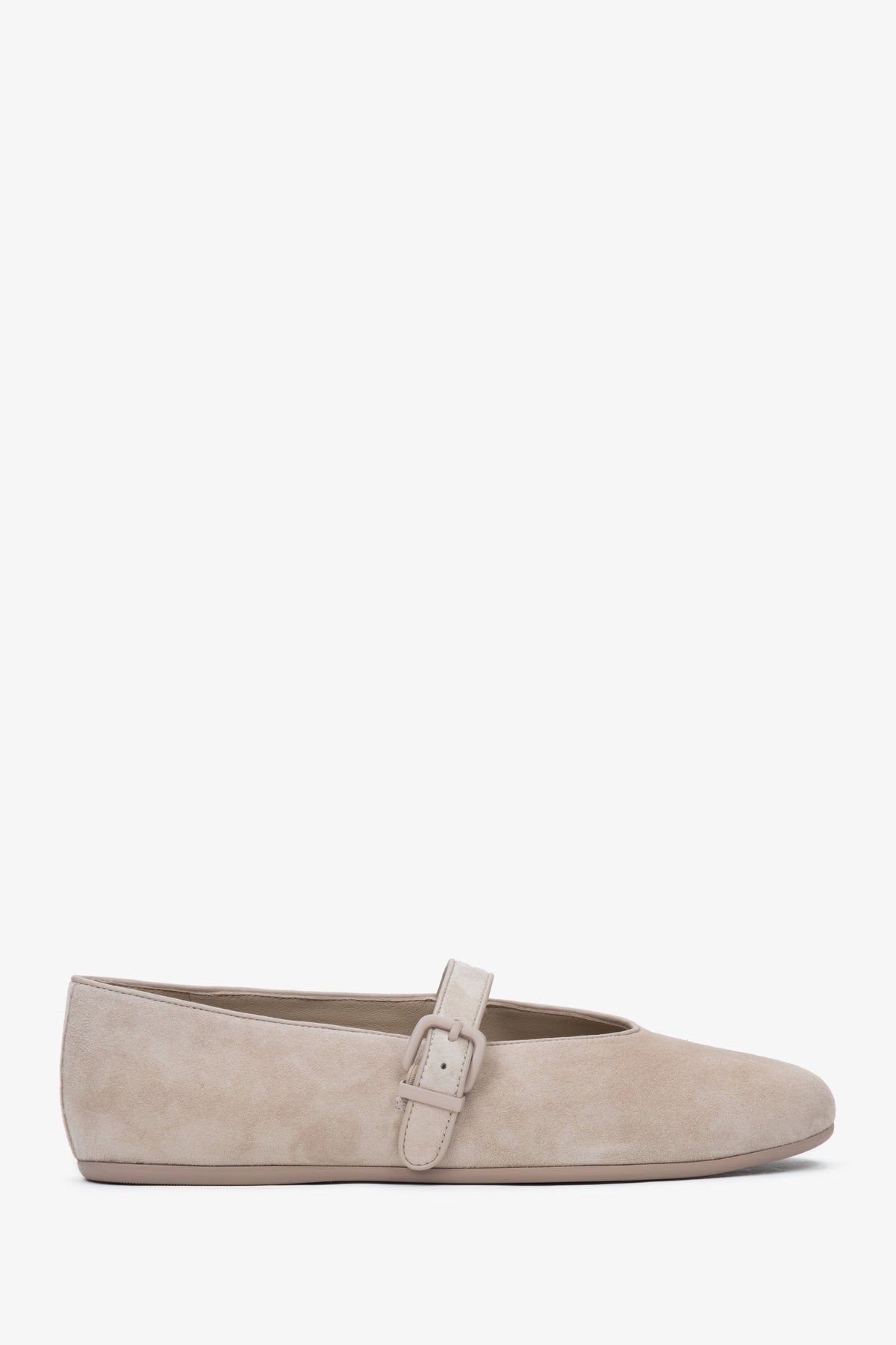 Hellbeige Damen-Ballerinas aus weichem Echtvelours mit Schnalle Estro ER00116949.