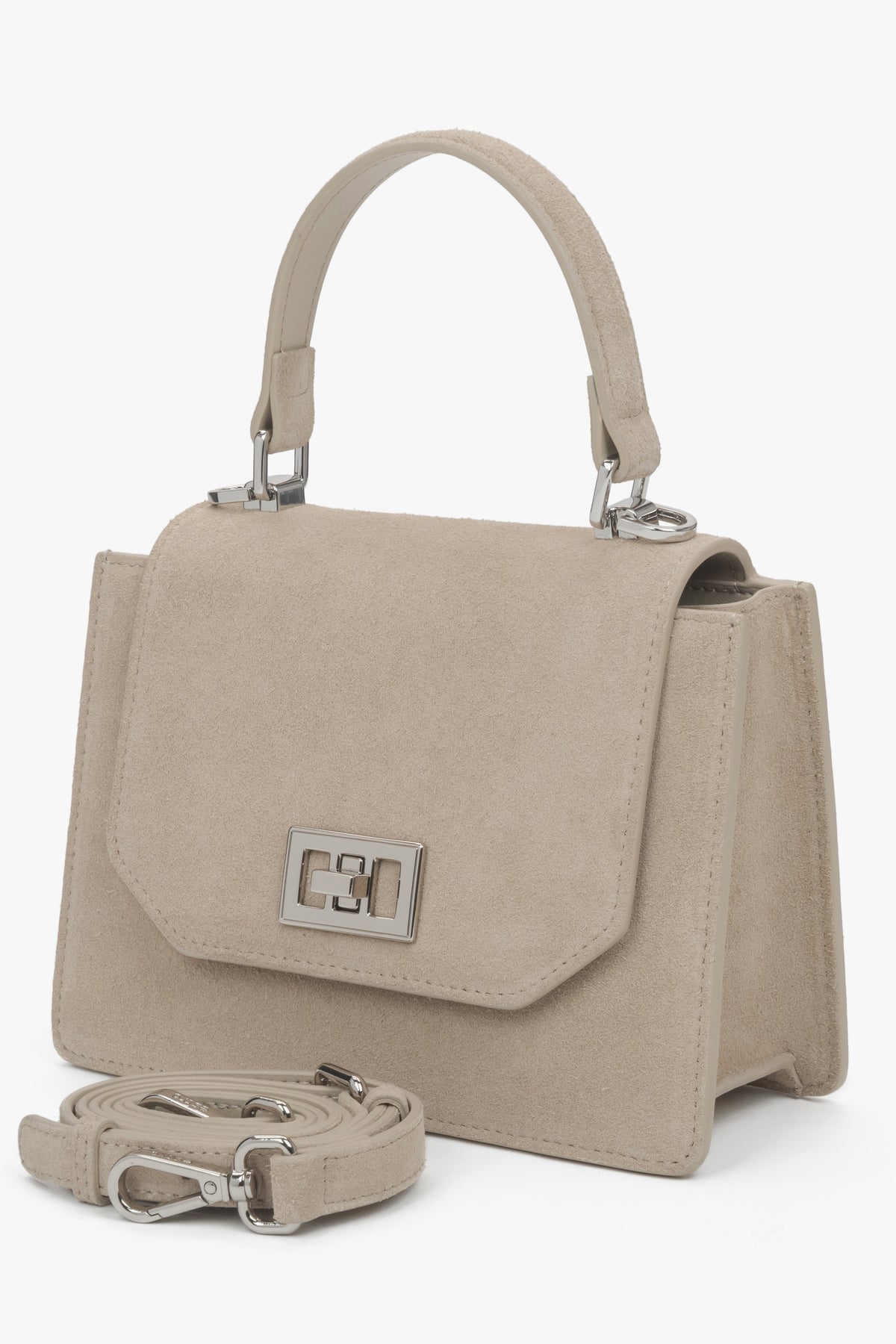 Hellbeige Damen-Handtasche aus Velours mit abnehmbarem Schulterriemen.