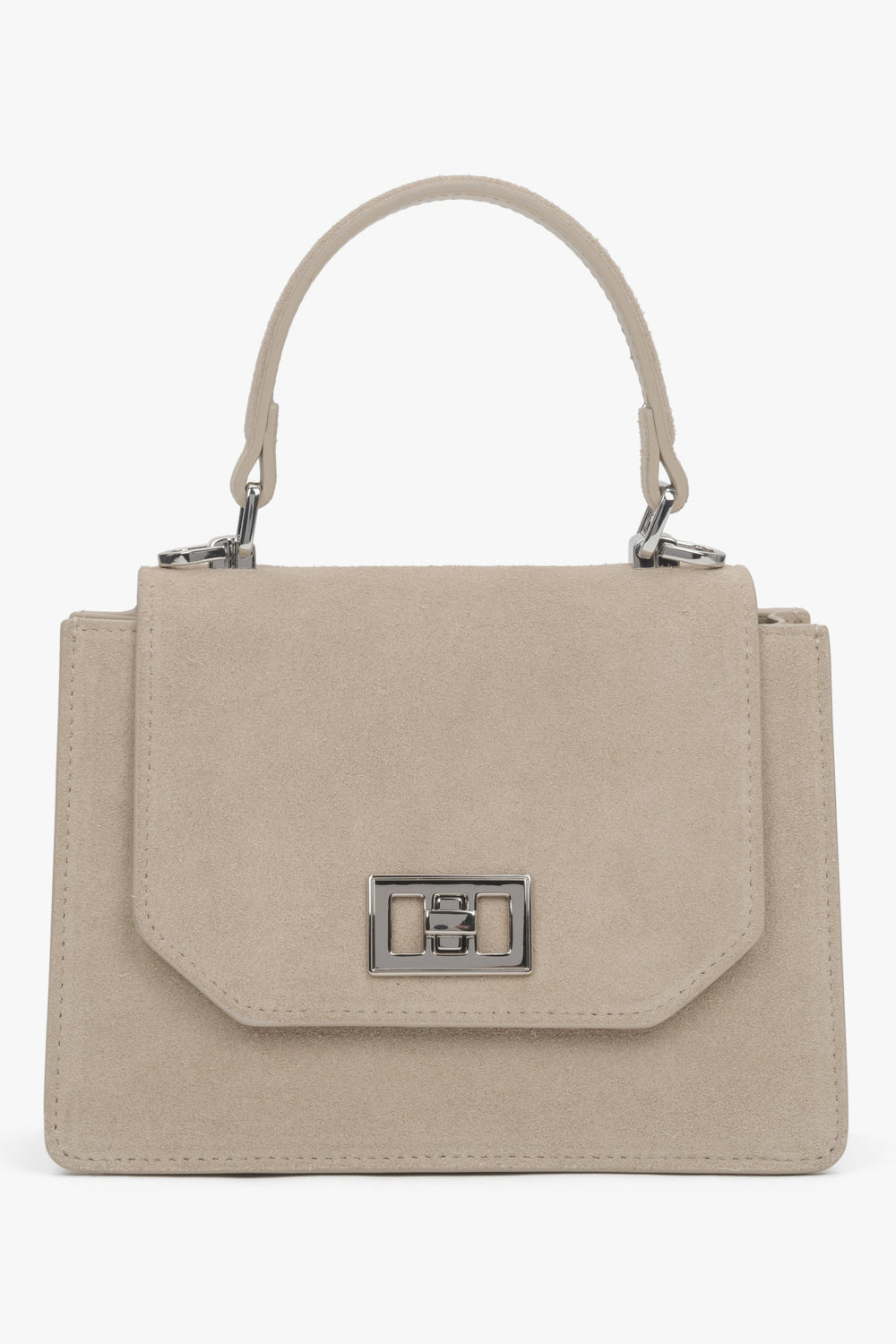 Hellbeige Damen-Mini-Henkeltasche aus Velours Vorderansicht.