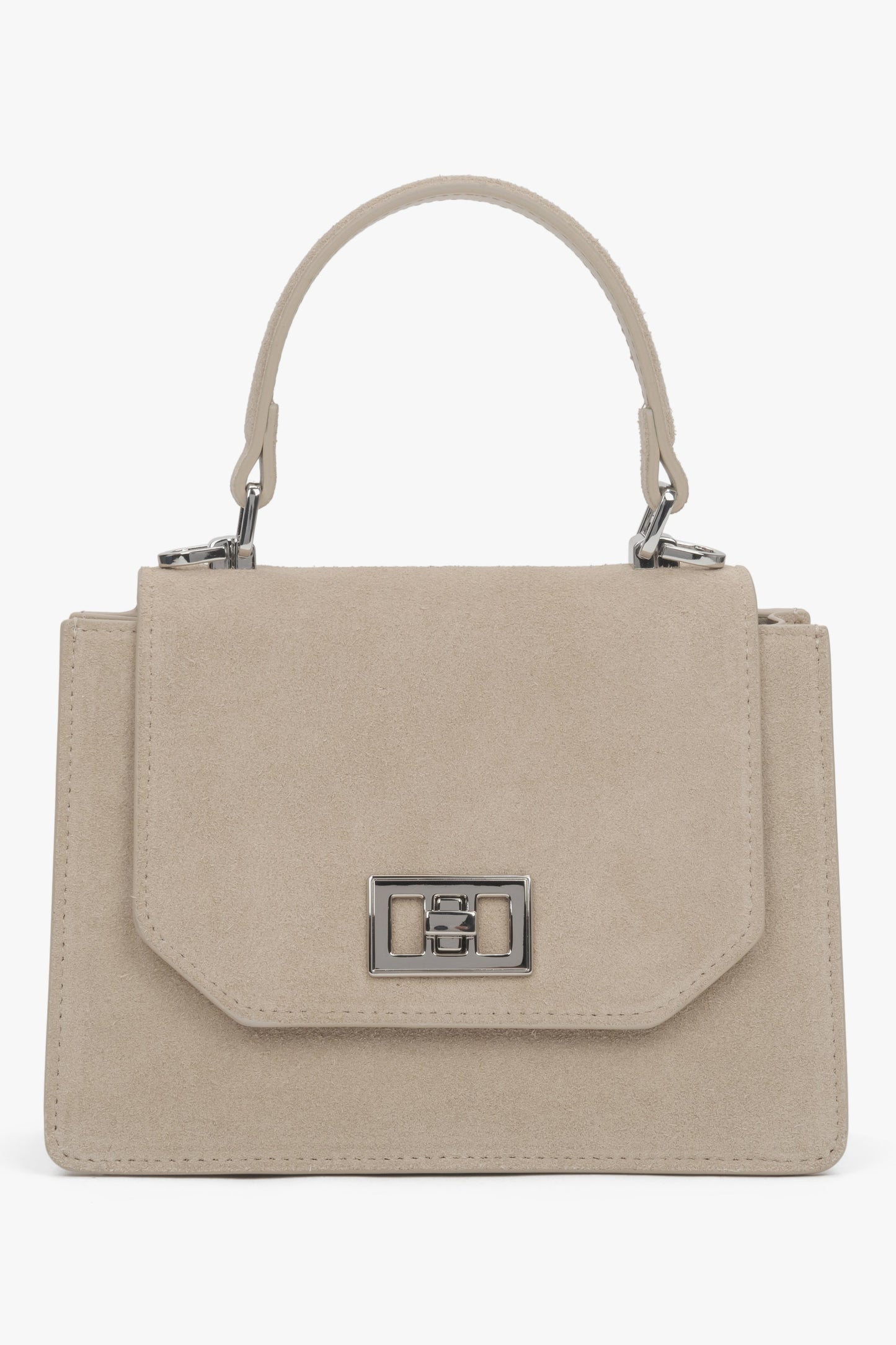 Hellbeige Damen-Mini-Henkeltasche aus Velours Vorderansicht.