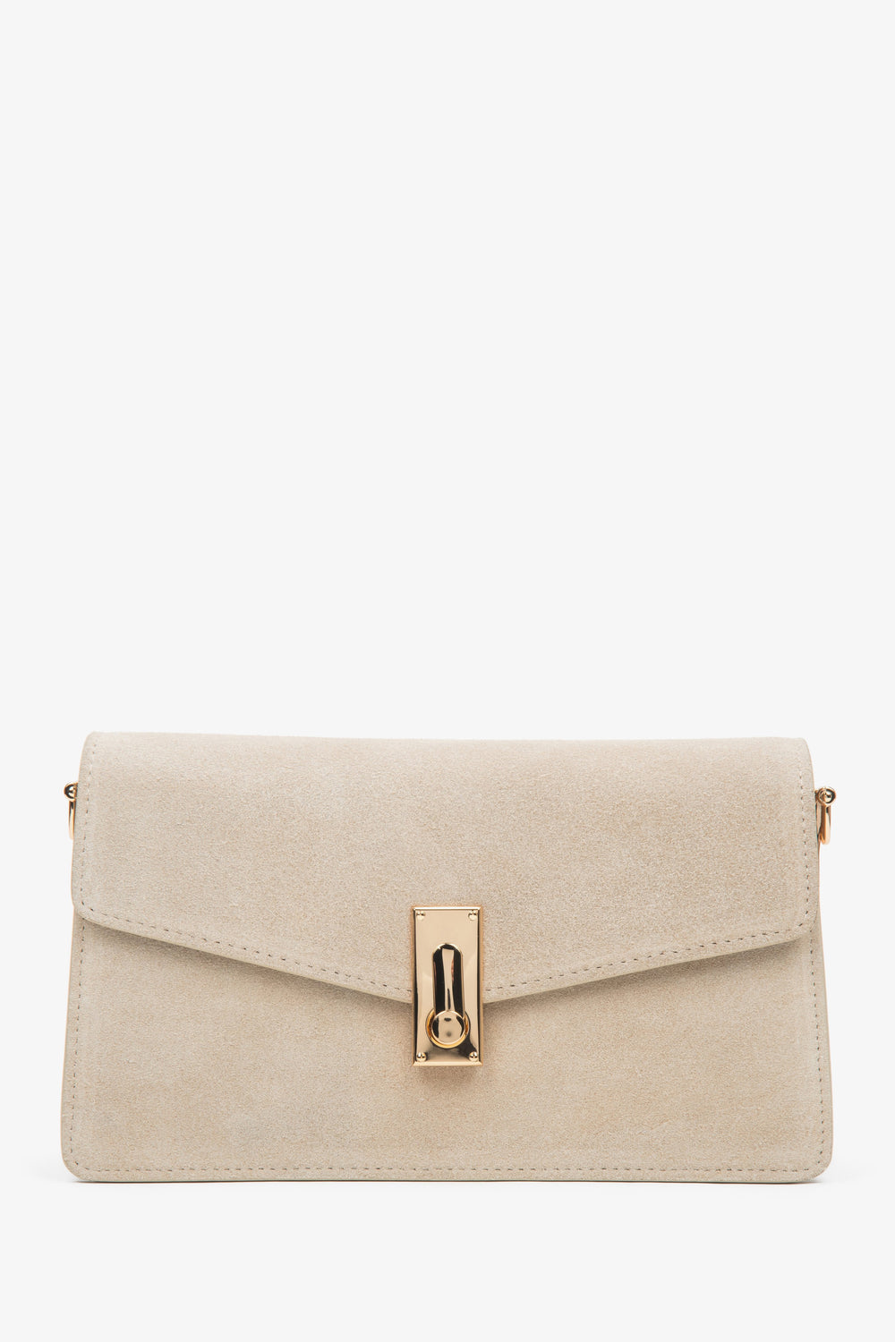 Hellbeige Damen-Schultertasche aus Velours mit goldfarbenen Details Vorderansicht.