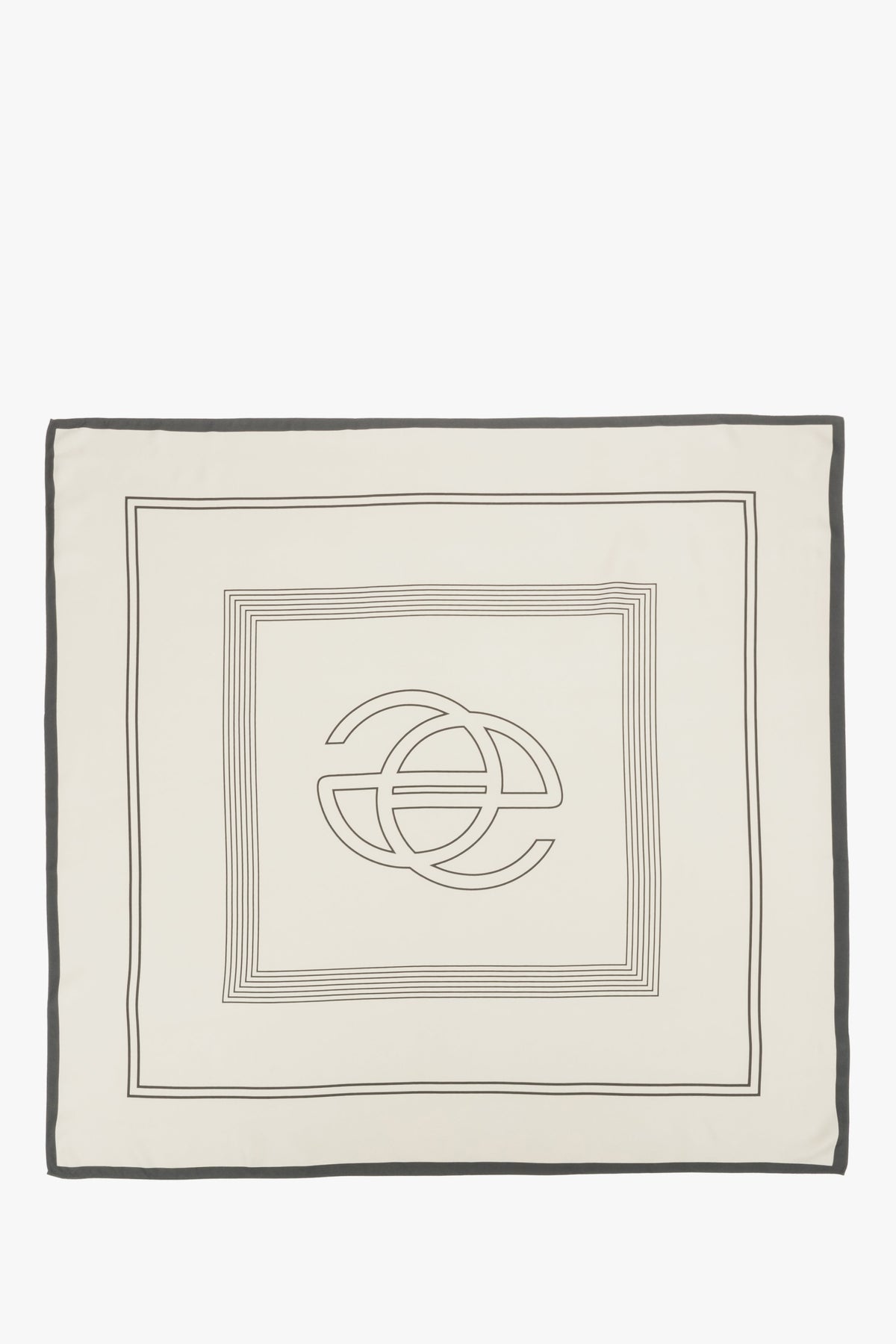 Flache Ansicht des quadratischen hellbeigen Tuchs mit schwarzen Konturlinien und zentralem Estro-Logo 
