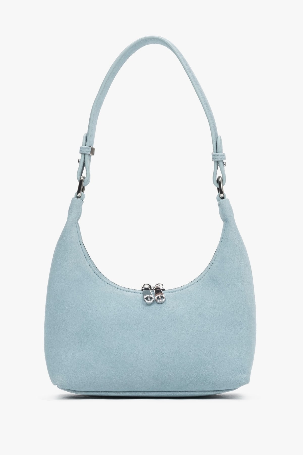 Hellblaue Damen-Schultertasche aus Velours in Halbmond-Form.