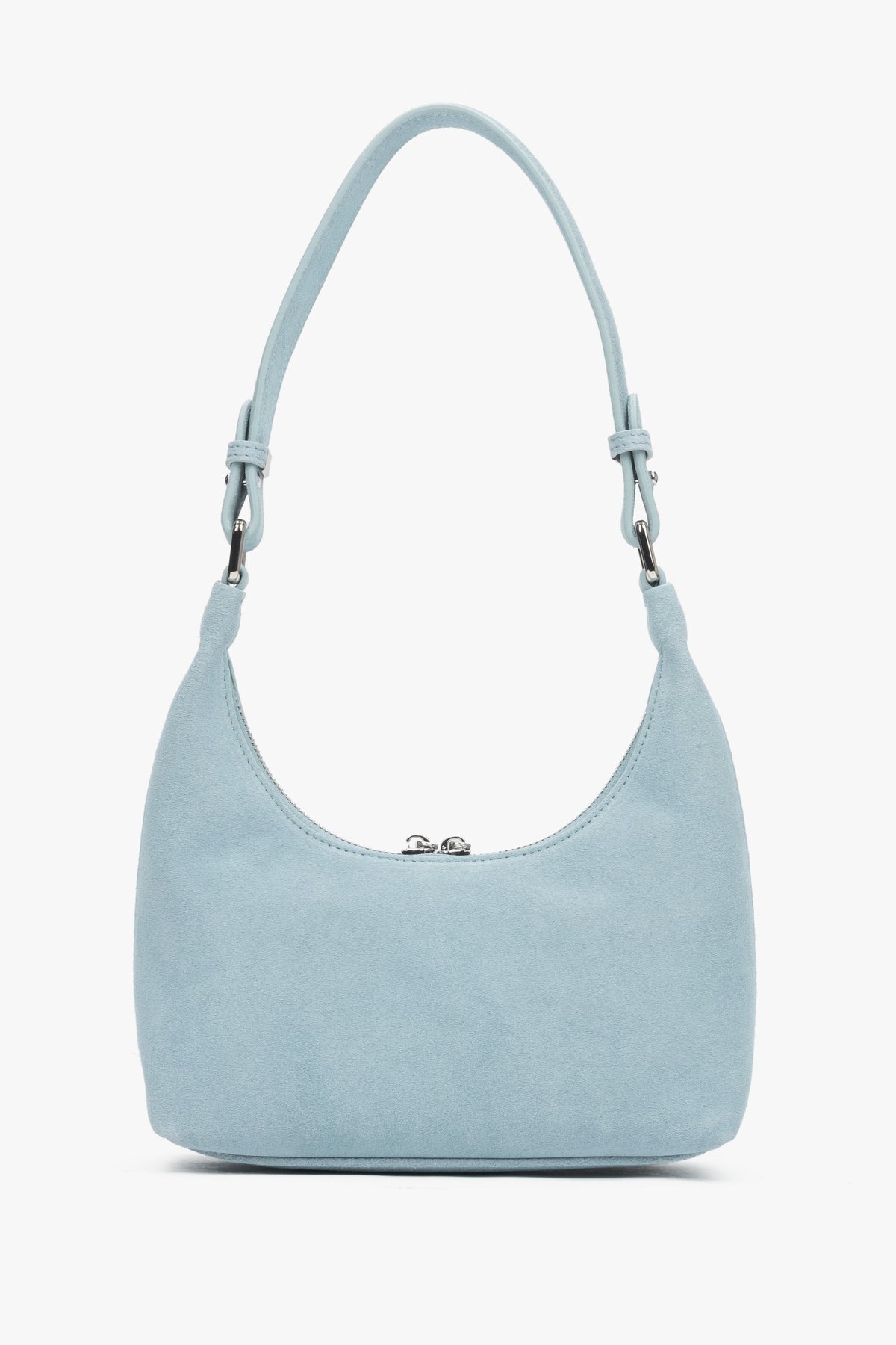 Rückansicht der kompakten hellblauen Schultertasche für Damen.