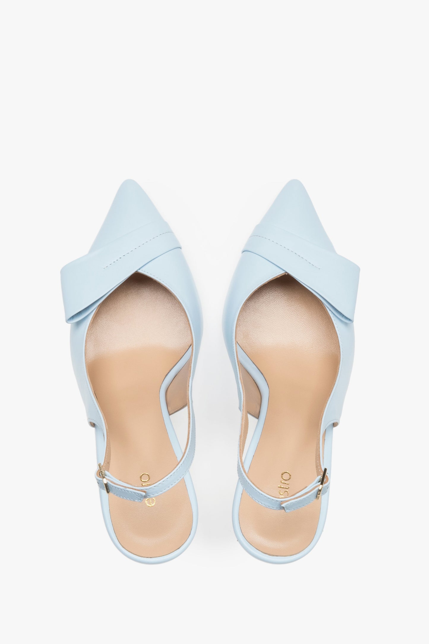 Hellblaue Damen-Slingback-Pumps aus Leder von oben als Paar