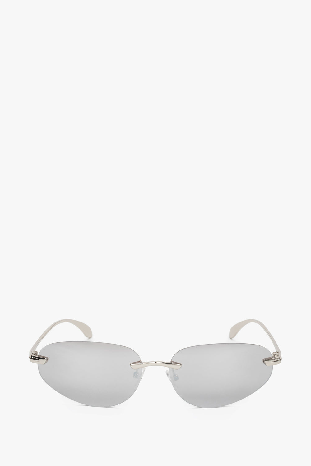 Frontansicht der hellgrauen schmalen rahmenlosen Damen-Sonnenbrille.
