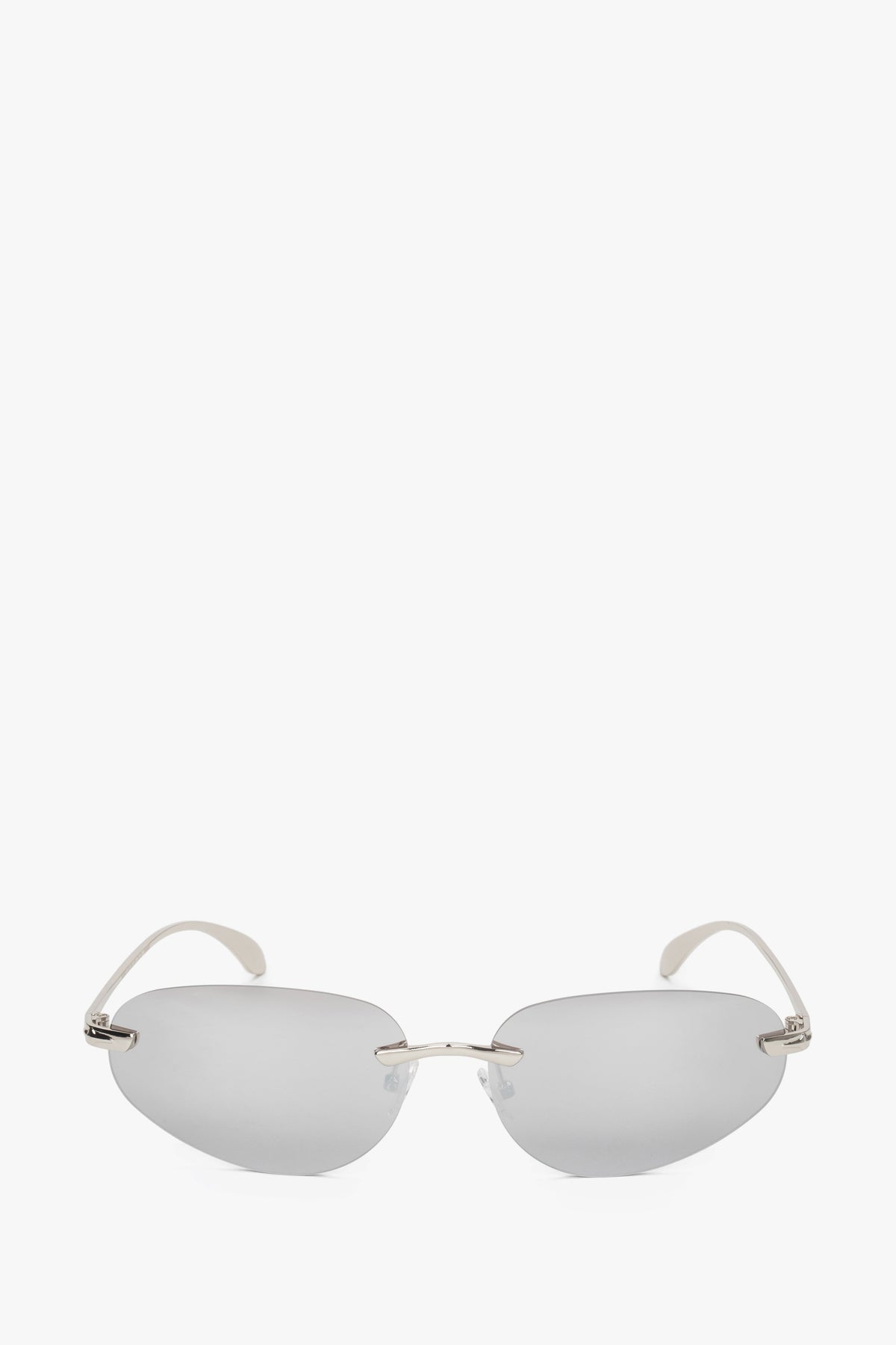 Frontansicht der hellgrauen schmalen rahmenlosen Damen-Sonnenbrille.