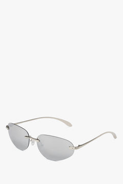 Schräge Seitenansicht der minimalistischen Sonnenbrille mit Edelstahlbügeln.
