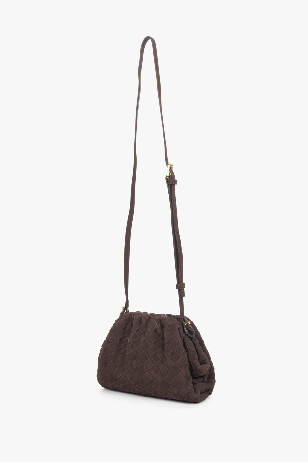 Seitenansicht der dunkelbraunen Mini-Handtasche im Beutel-Stil od Estro.