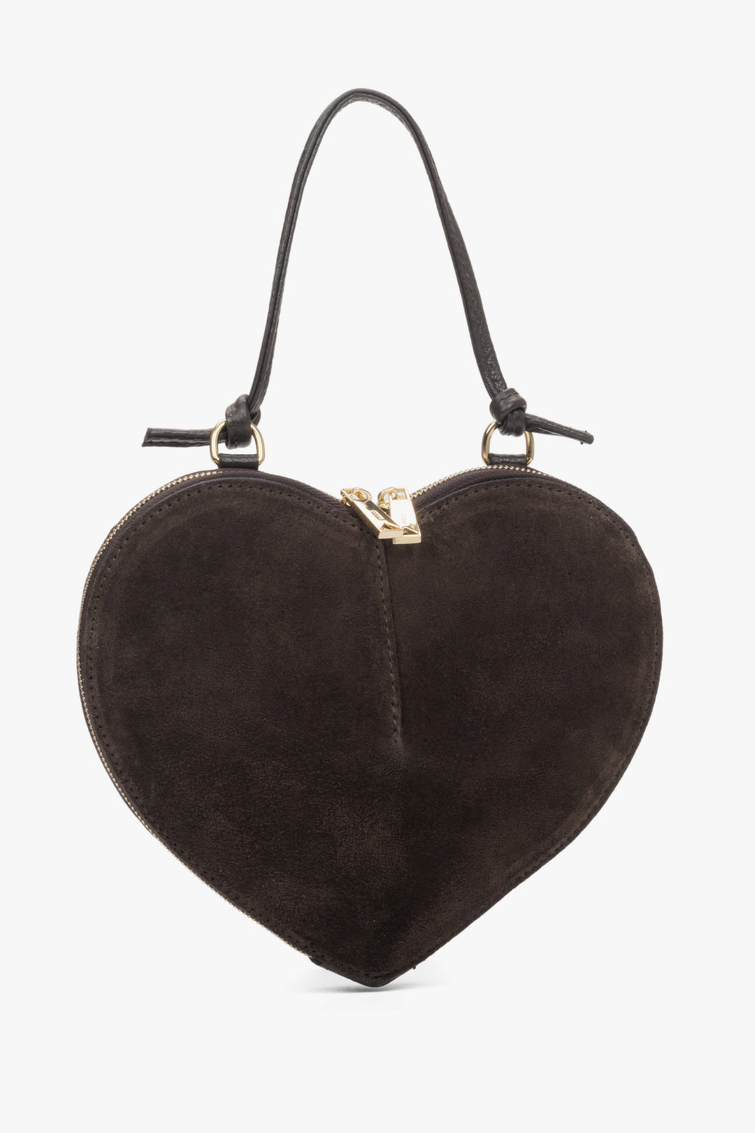 Frontale Ansicht der dunkelbraunen Damen-Schultertasche aus Velours in markanter Herzform