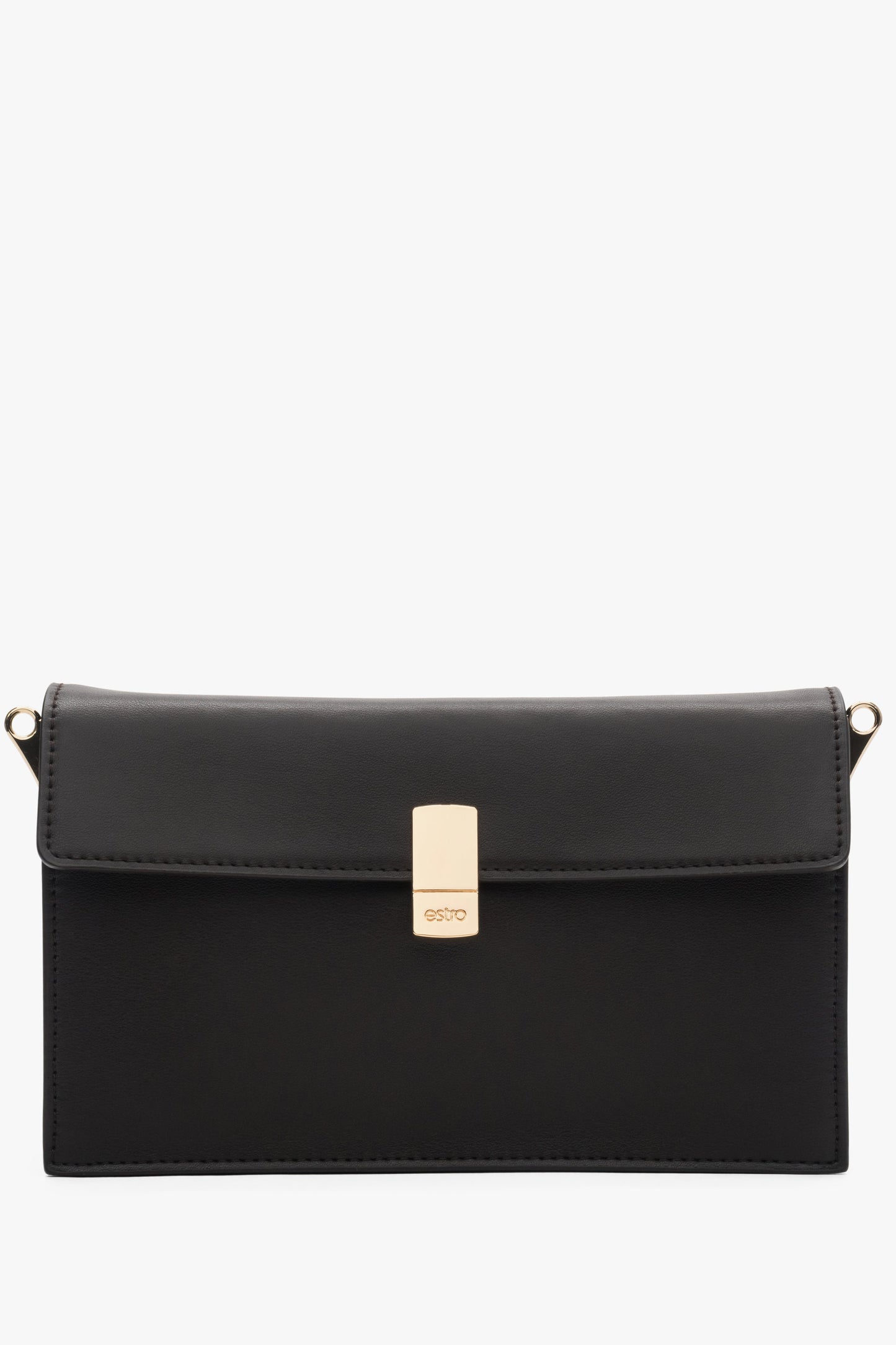 Frontalansicht der kleinen dunkelbraunen Echtledertasche mit elegantem goldenem Verschluss.