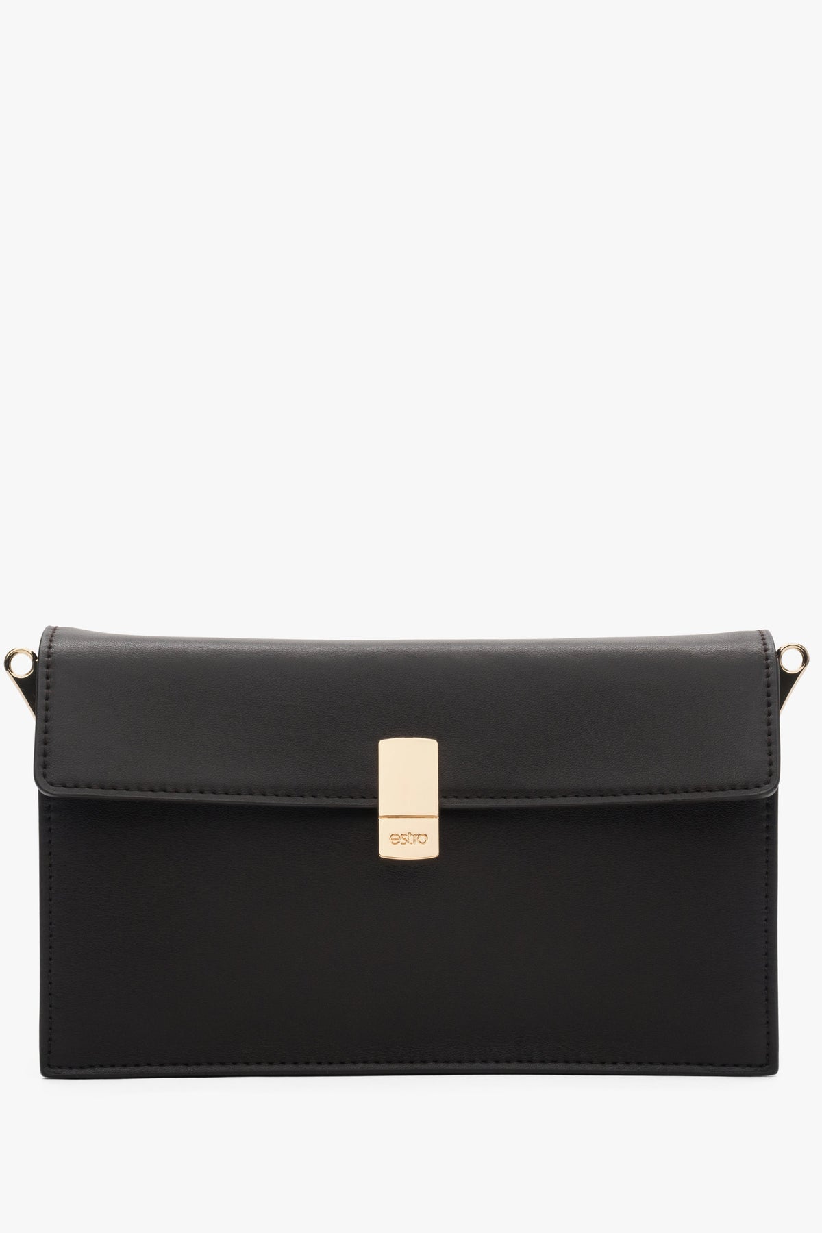 Frontalansicht der kleinen dunkelbraunen Echtledertasche mit elegantem goldenem Verschluss.