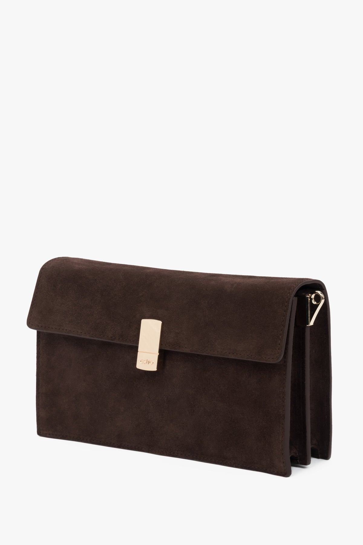 Schräge Ansicht der kompakten Damen-Tasche aus weichem, dunkelbraunem Naturvelours.