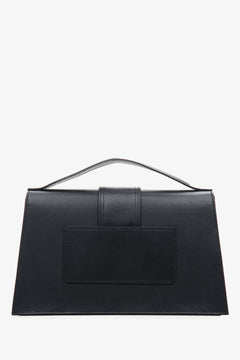 Damen-Lederhandtasche mit Klappe von Estro in Schwarz – Rückseite.

