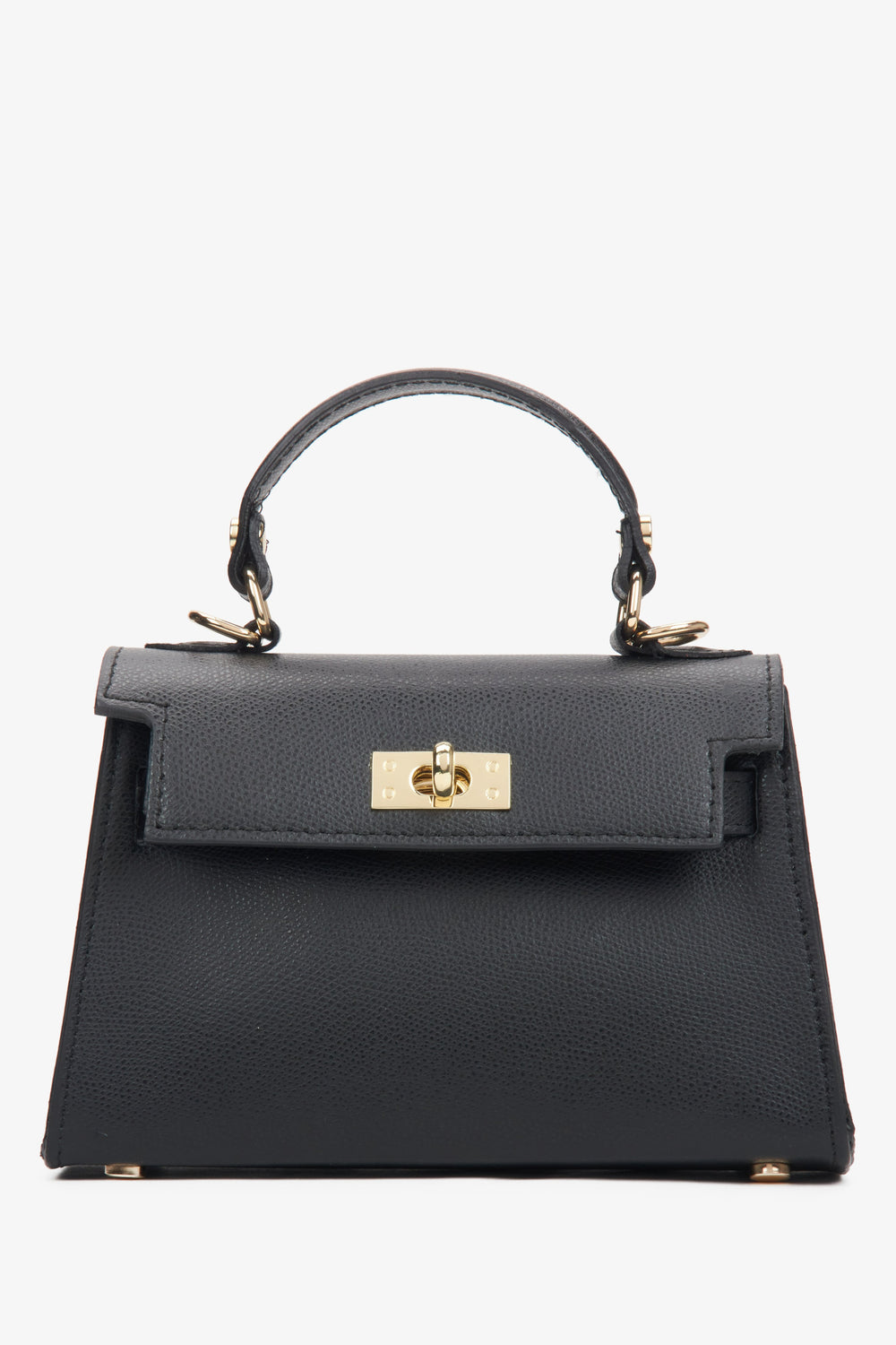 Frontale Ansicht der kleinen schwarzen Leder-Handtasche mit goldfarbenen Details