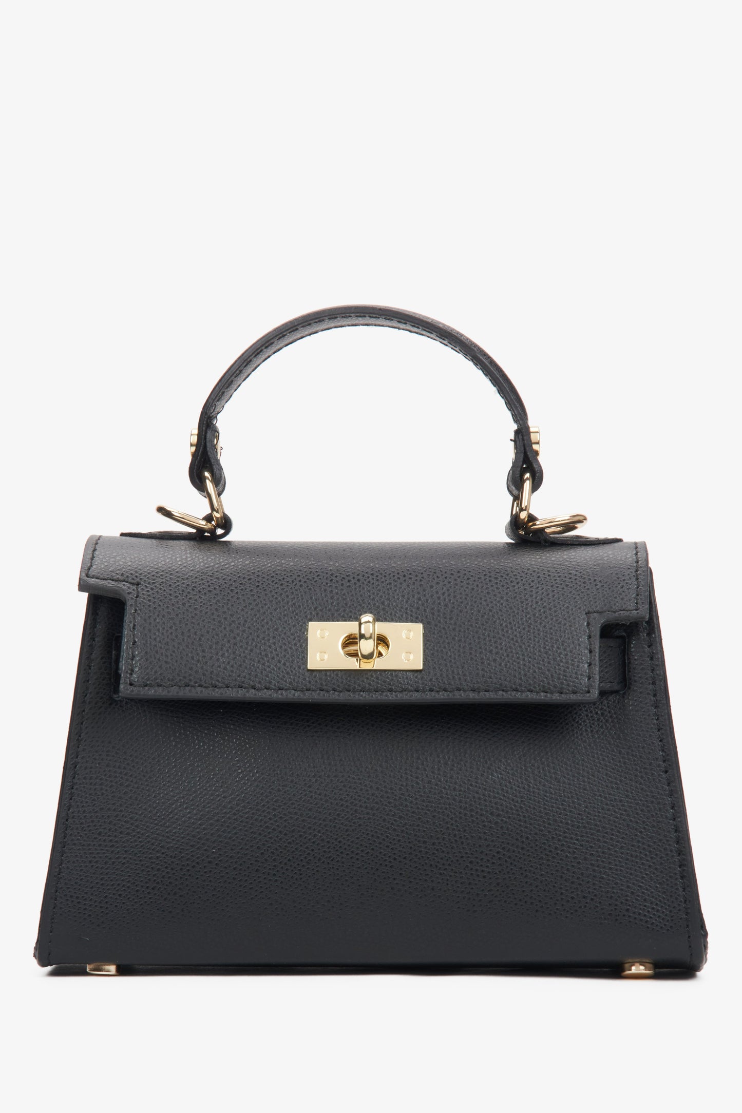 Frontale Ansicht der kleinen schwarzen Leder-Handtasche mit goldfarbenen Details