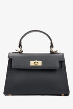Frontale Ansicht der kleinen schwarzen Leder-Handtasche mit goldfarbenen Details