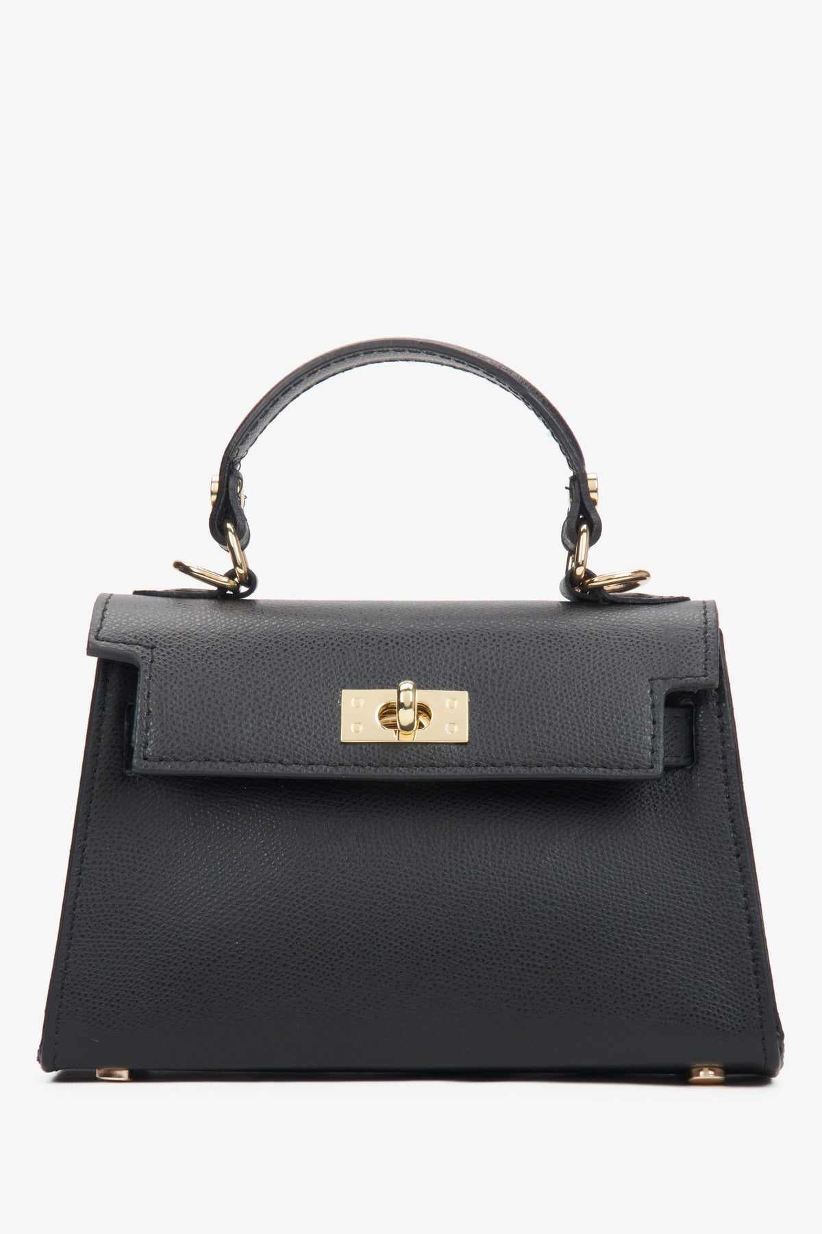 Frontale Ansicht der kleinen schwarzen Leder-Handtasche mit goldfarbenen Details
