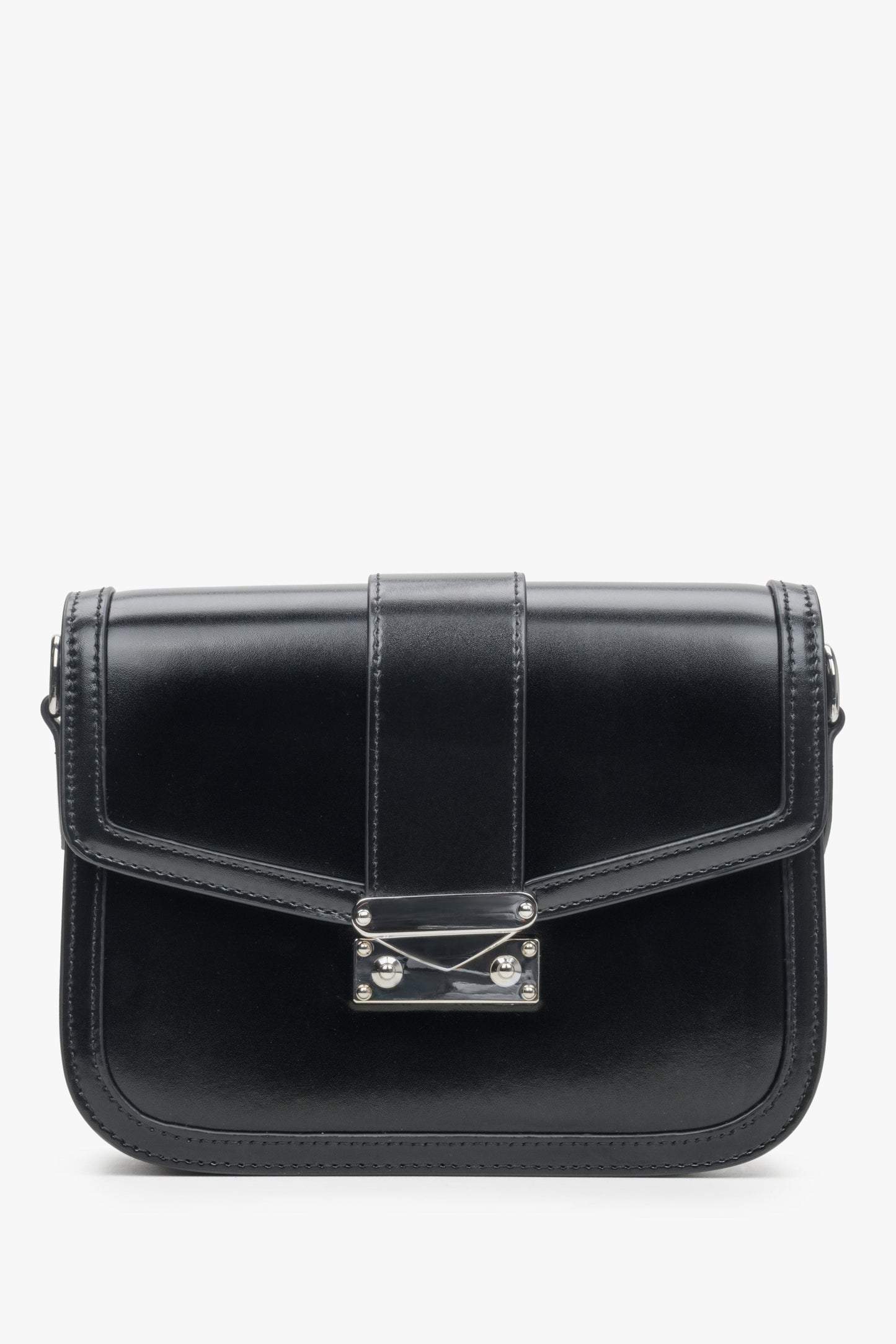 Kleine schwarze Damenhandtasche aus echtem Leder mit silberner Hardware Estro ER00113899.